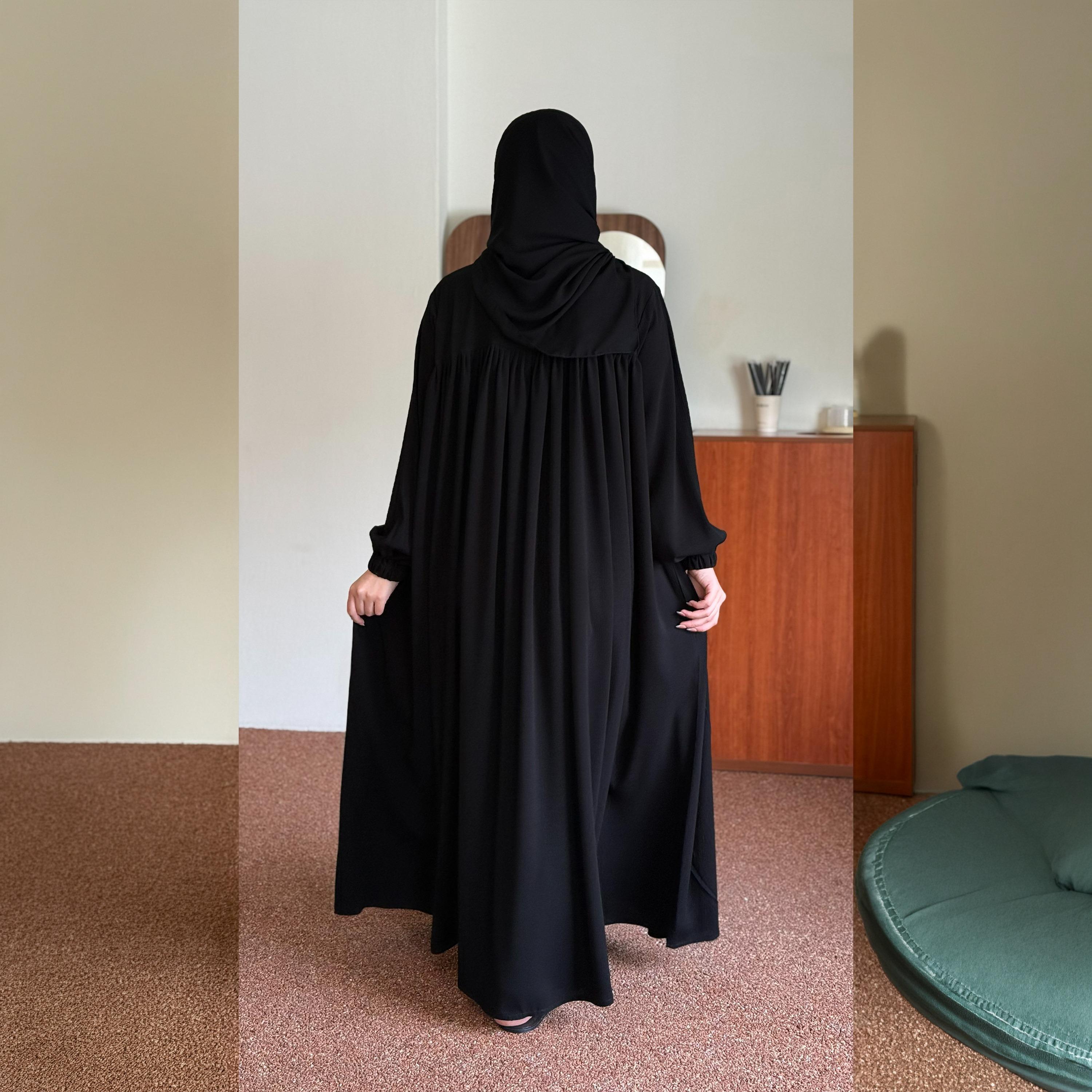 Zahiyh Black Gathered Elasticated Cuff Sleeves Women's Flared Style Abaya with Hijab-women-arabicclothing-prayerclothing-image-4
