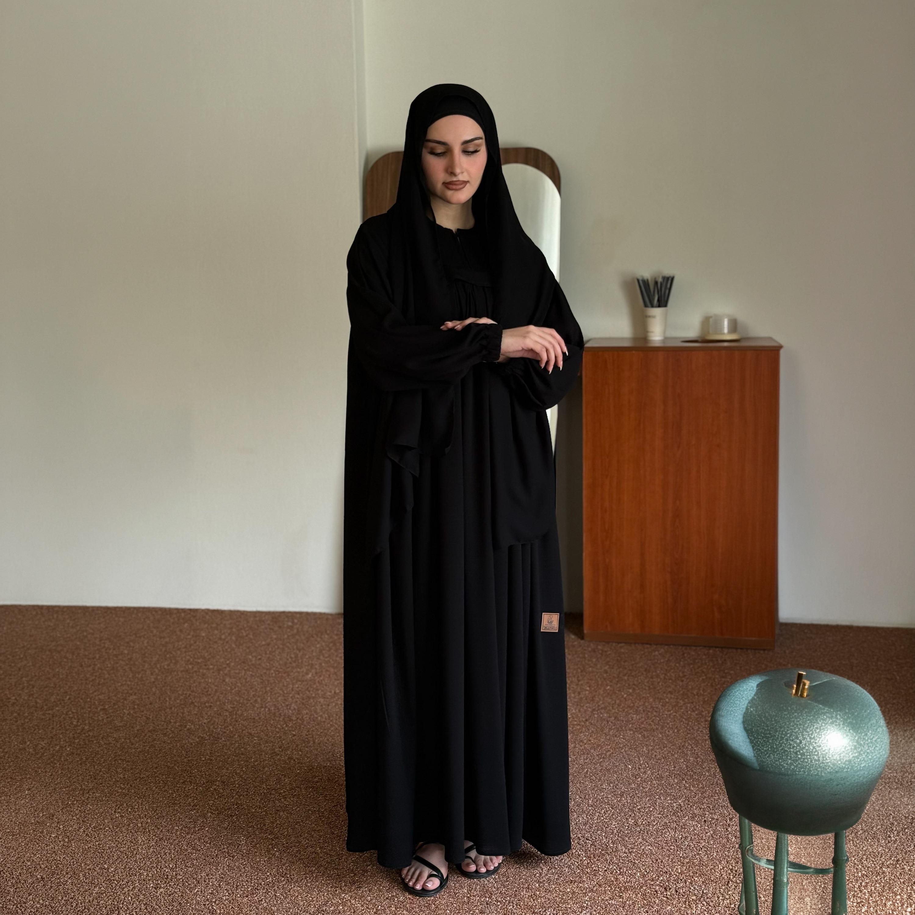 Zahiyh Black Gathered Elasticated Cuff Sleeves Women's Flared Style Abaya with Hijab-women-arabicclothing-prayerclothing-image-5