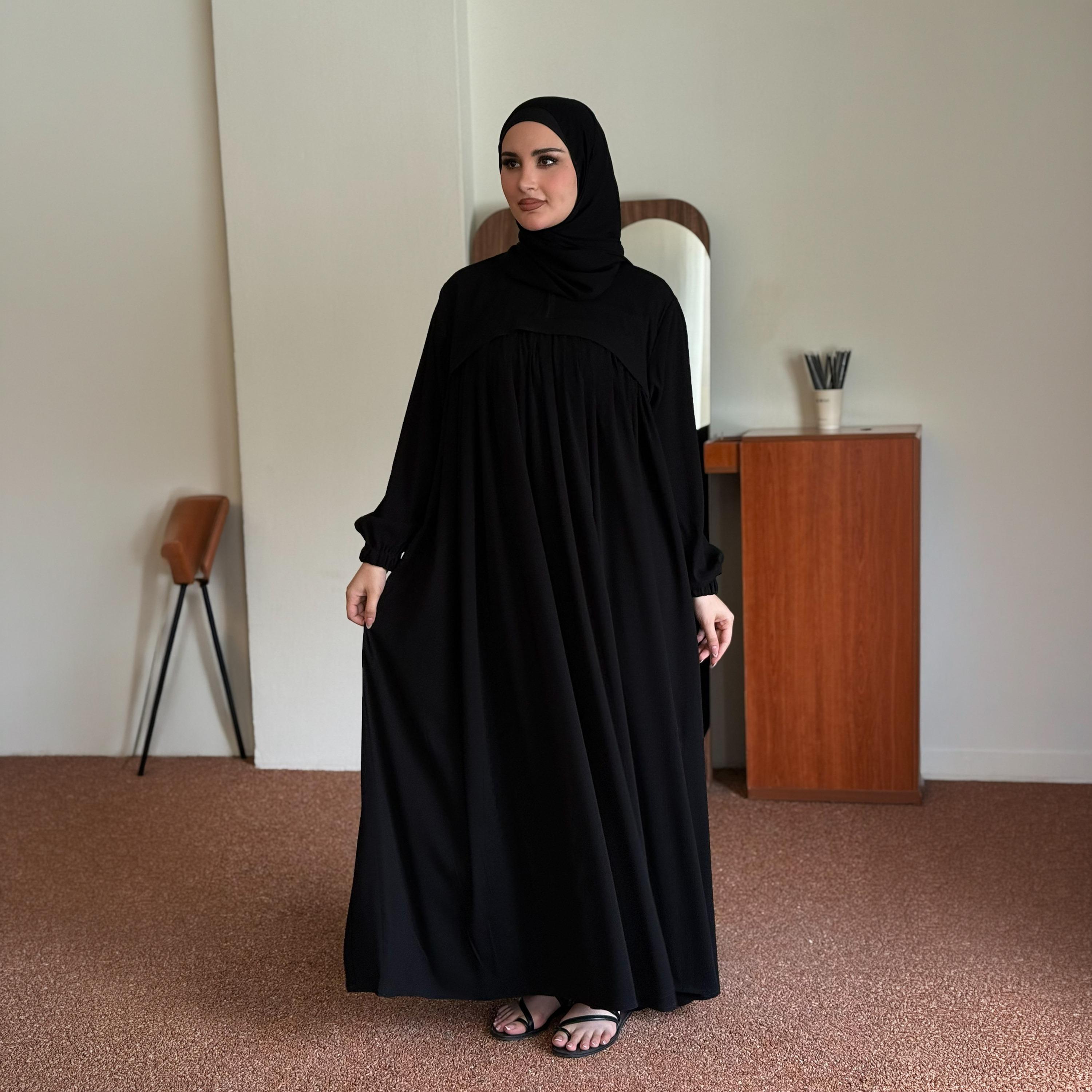Zahiyh Black Gathered Elasticated Cuff Sleeves Women's Flared Style Abaya with Hijab-women-arabicclothing-prayerclothing-image-6