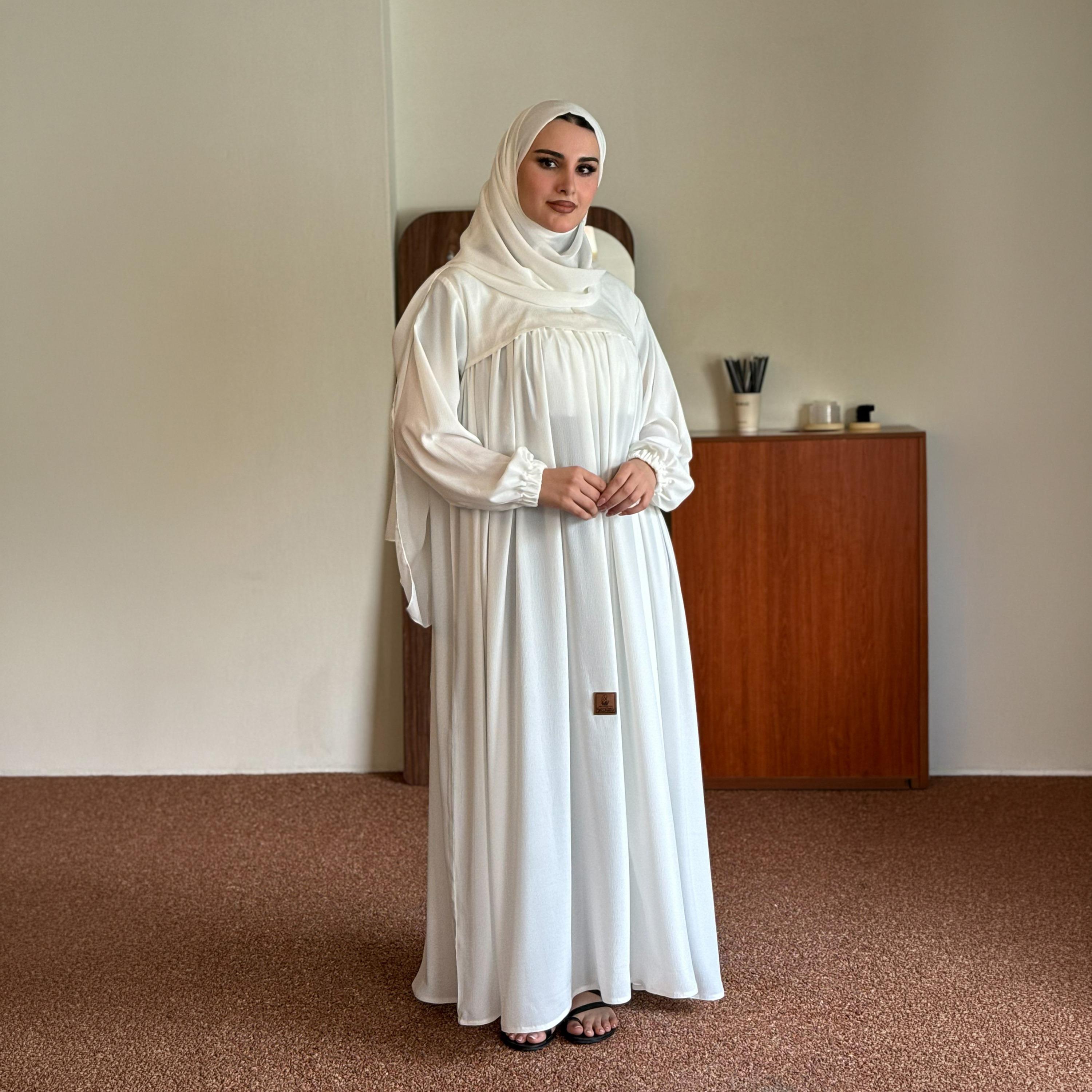 عباية زاهيه بيضاء بأكمام مطاطية مكشكشة مع حجاب-women-arabicclothing-prayerclothing-image-2