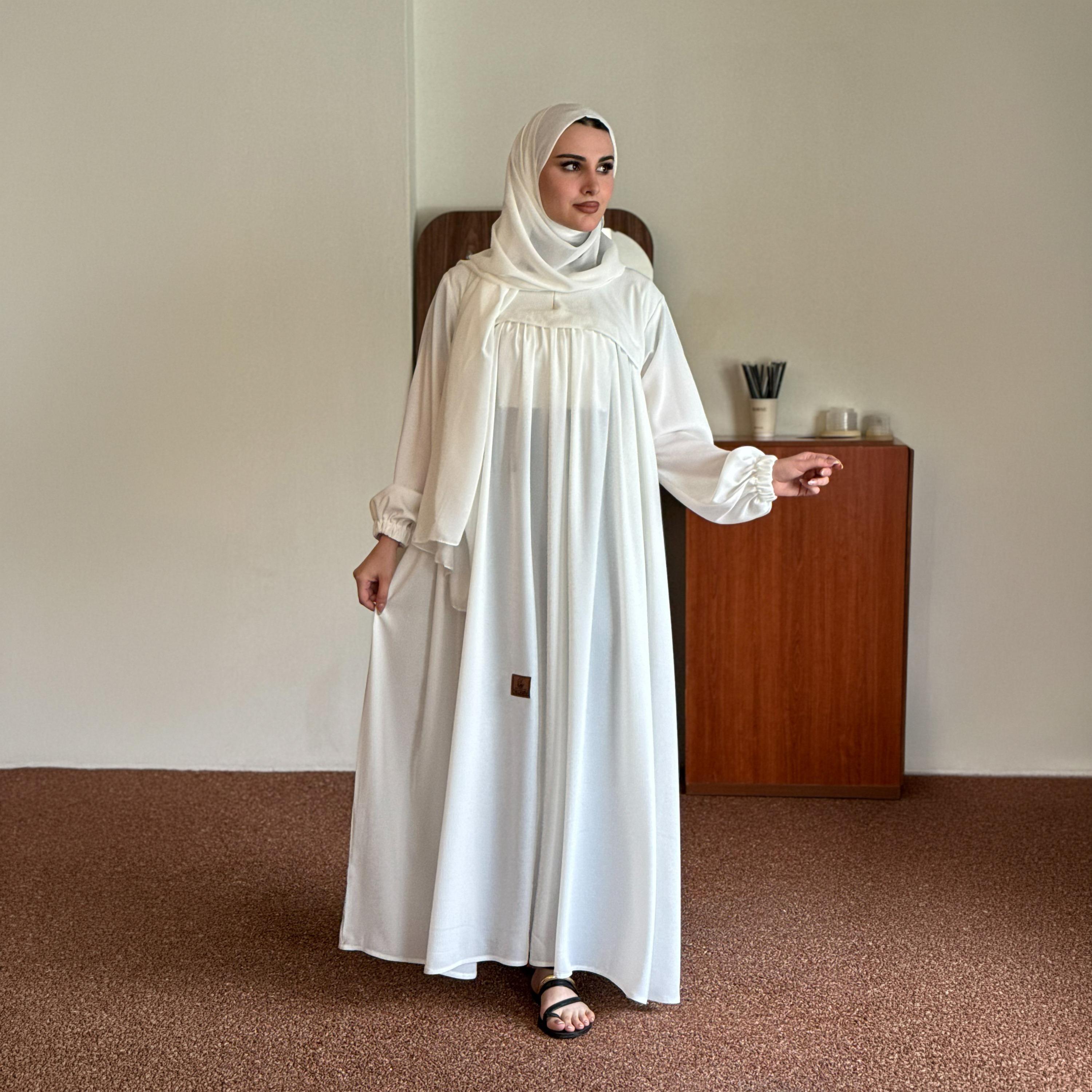 عباية زاهيه بيضاء بأكمام مطاطية مكشكشة مع حجاب-women-arabicclothing-prayerclothing-image-3