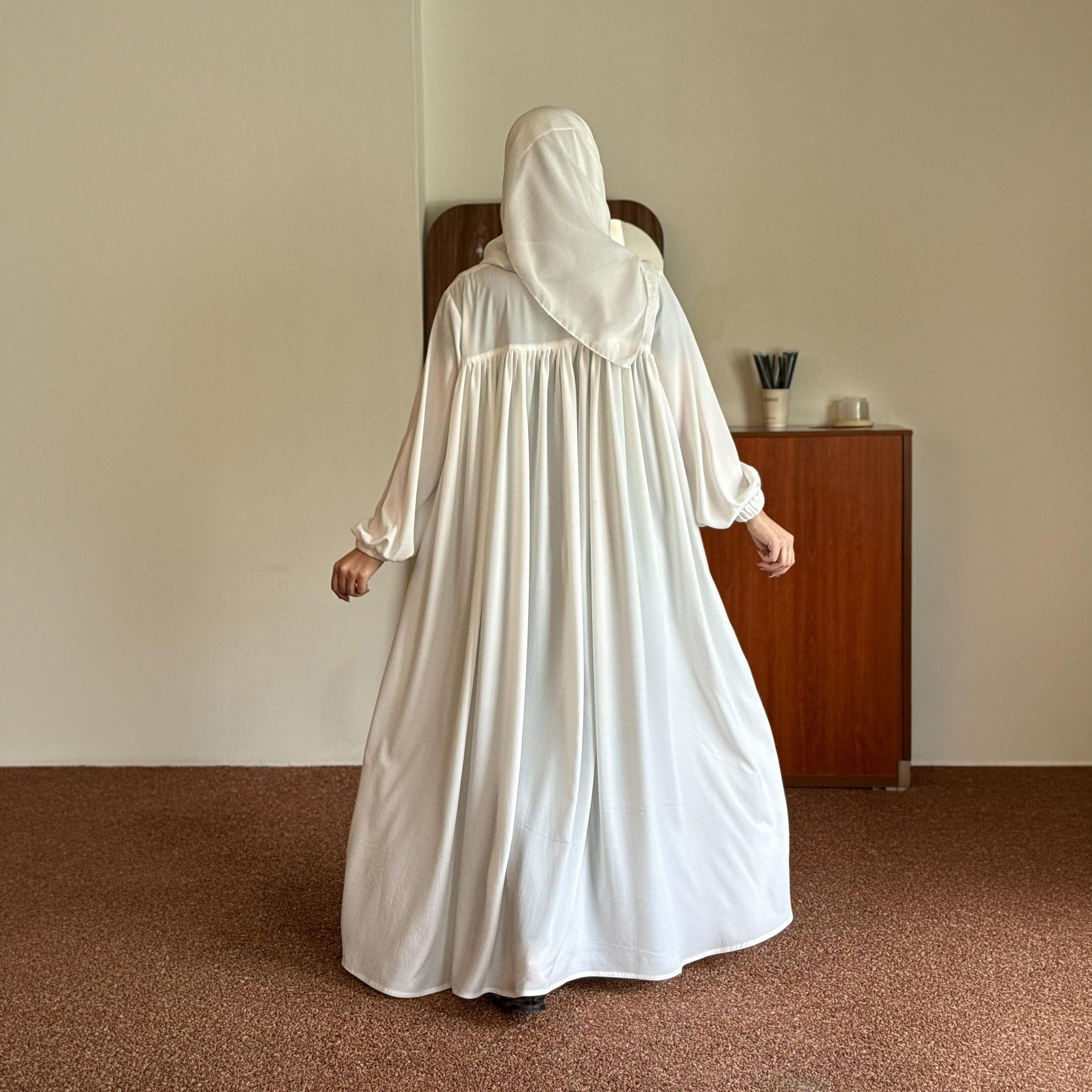 عباية زاهيه بيضاء بأكمام مطاطية مكشكشة مع حجاب-women-arabicclothing-prayerclothing-image-4