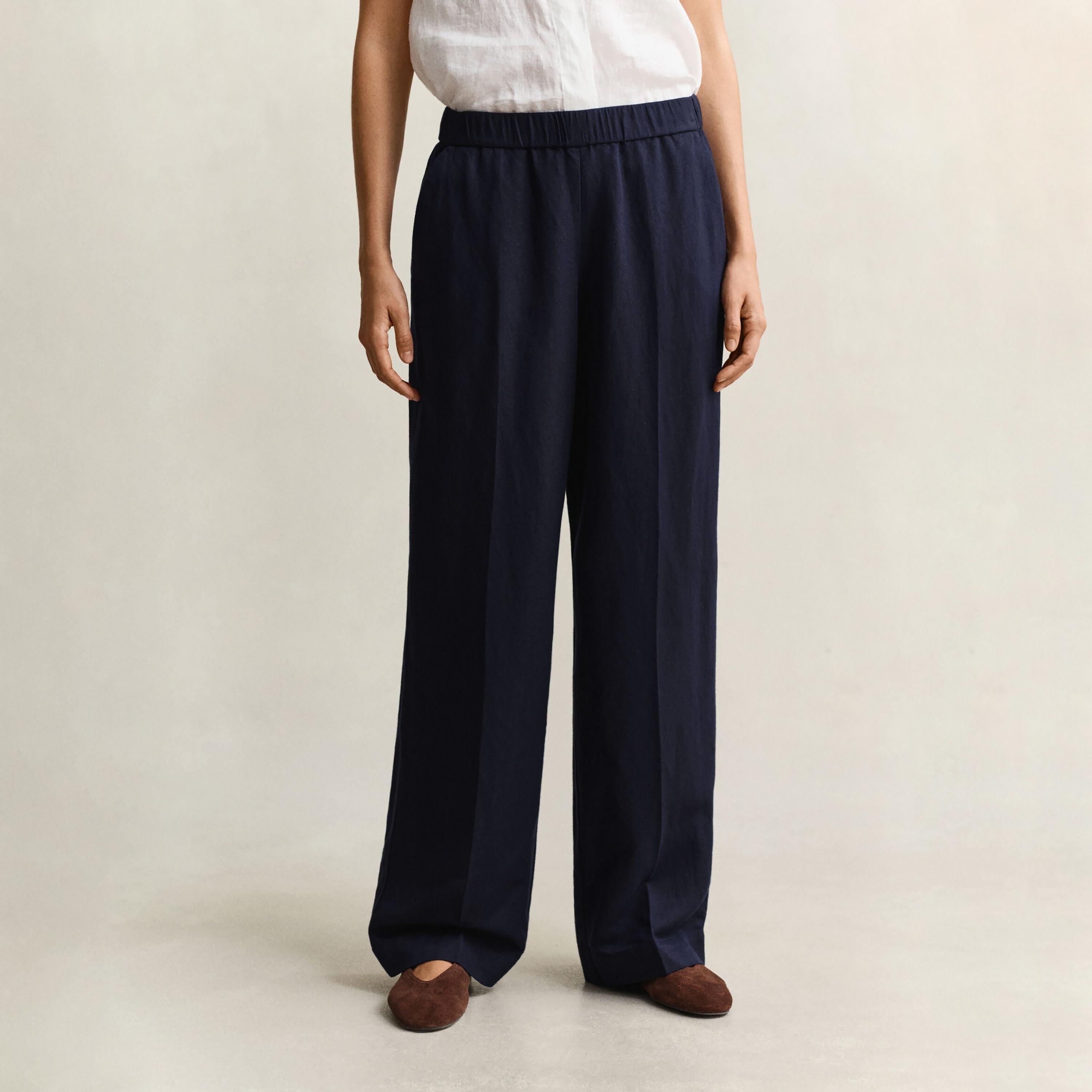 Gant Relaxed Fit Plain Mid Rise Elasticated Waist Women's Trousers-women-clothing-bottoms-trousers-image-1