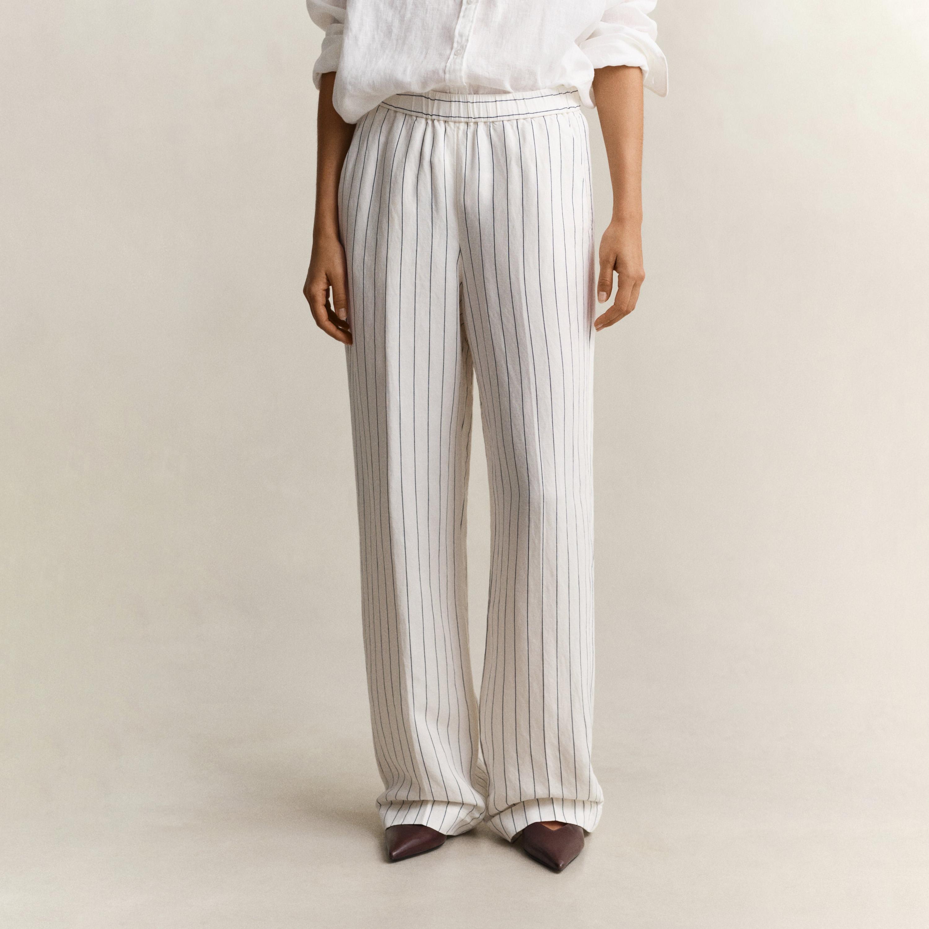 Gant Striped High-Rise Side Slant Pockets, Elasticated Waist Women's Linen Trousers-women-clothing-bottoms-trousers-image-1