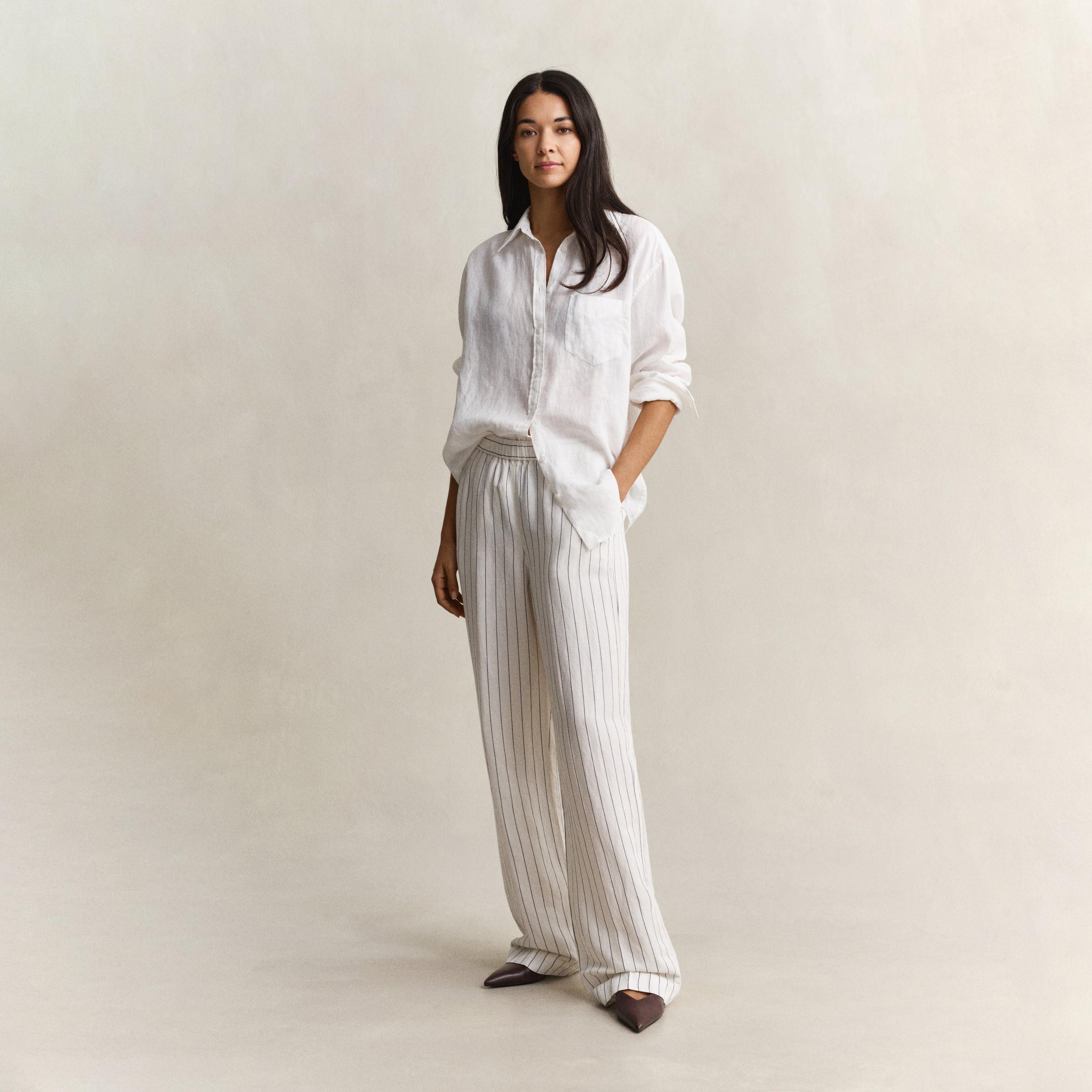 Gant Striped High-Rise Side Slant Pockets, Elasticated Waist Women's Linen Trousers-women-clothing-bottoms-trousers-image-2