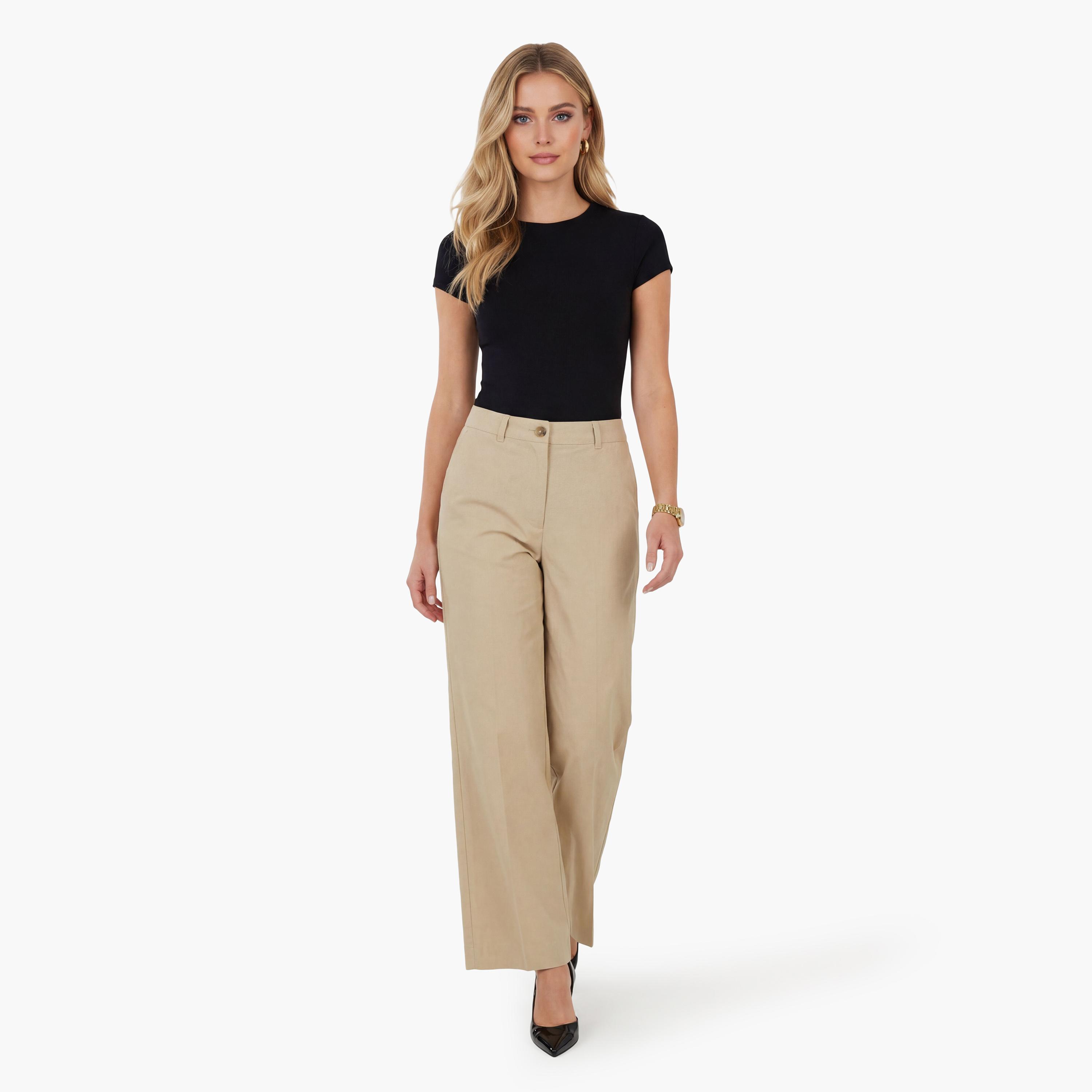 بنطلون "تشينو" نسائي سادة بخصر مرتفع وقصة "ريجيولار فيت" من جانت-women-clothing-bottoms-trousers-image-2