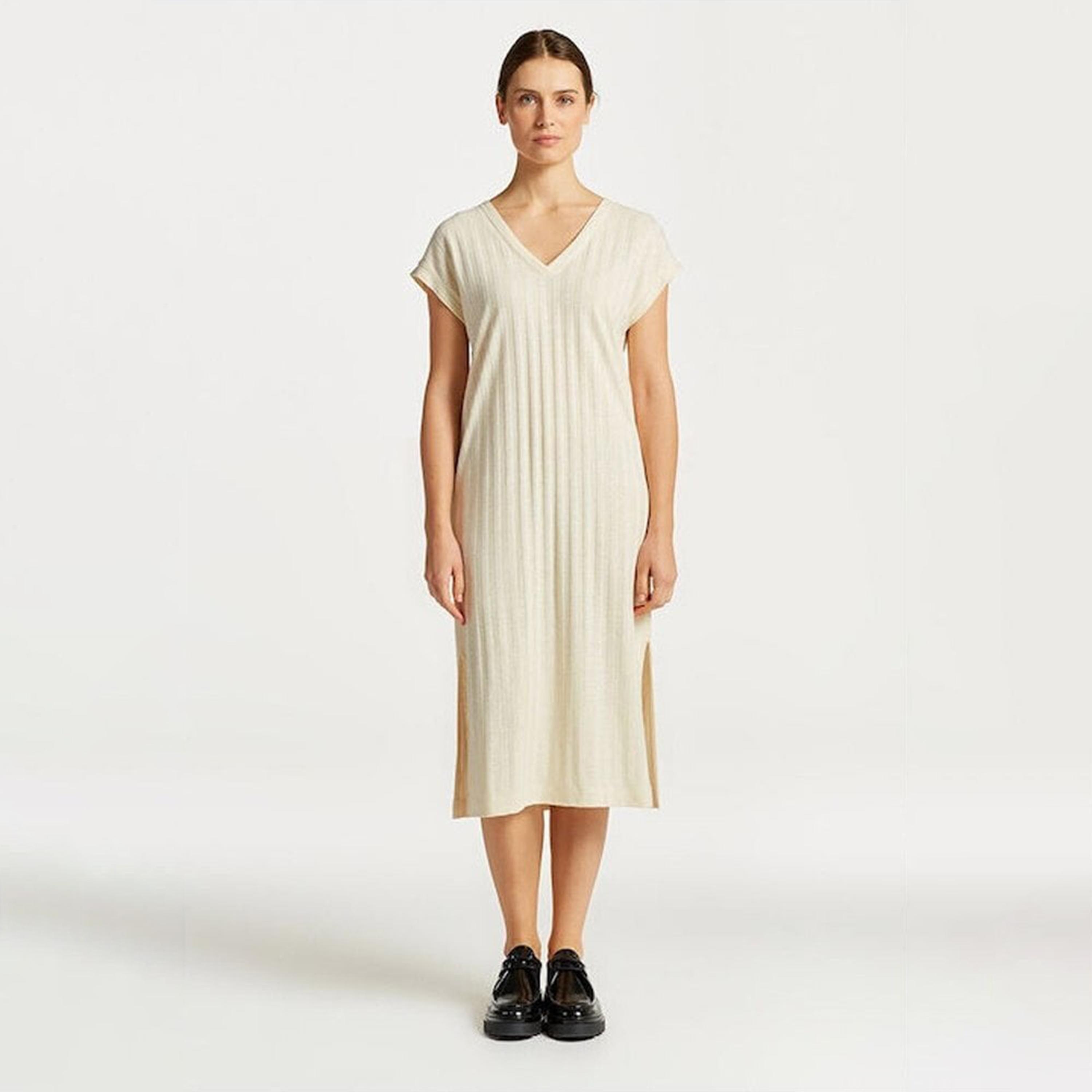 Gant Beige Textured V-Neck Cap Sleeves Midi Women Dress-women-clothing-dresses-image-1