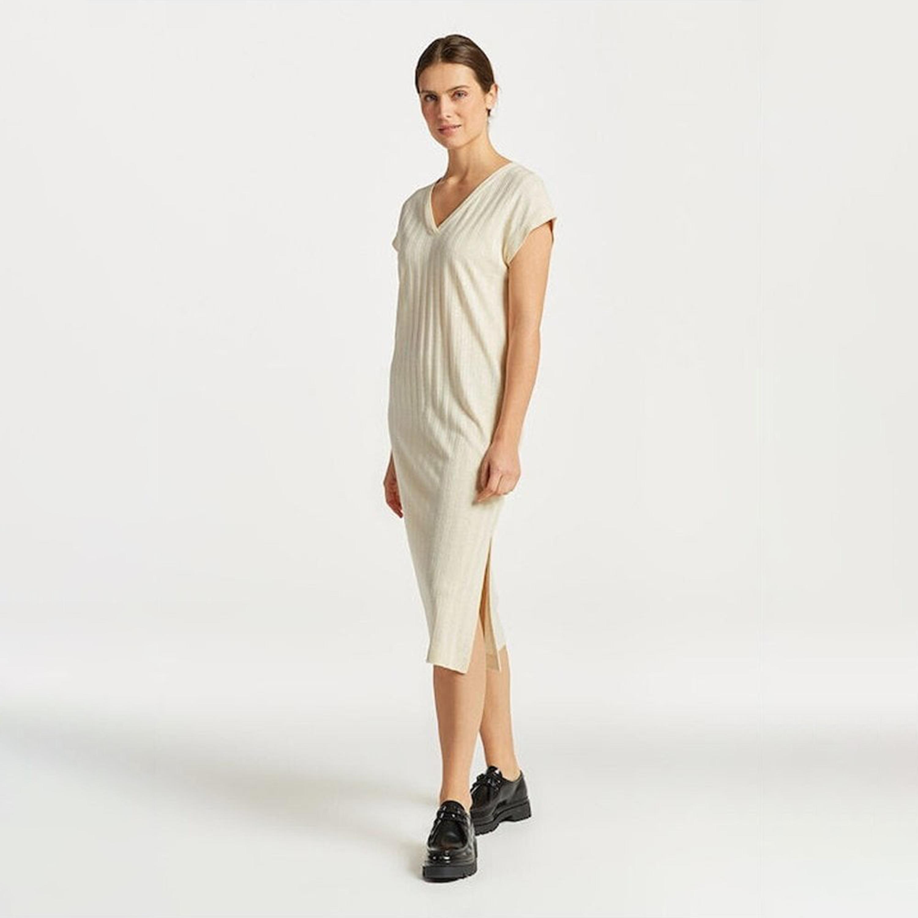 Gant Beige Textured V-Neck Cap Sleeves Midi Women Dress-women-clothing-dresses-image-2