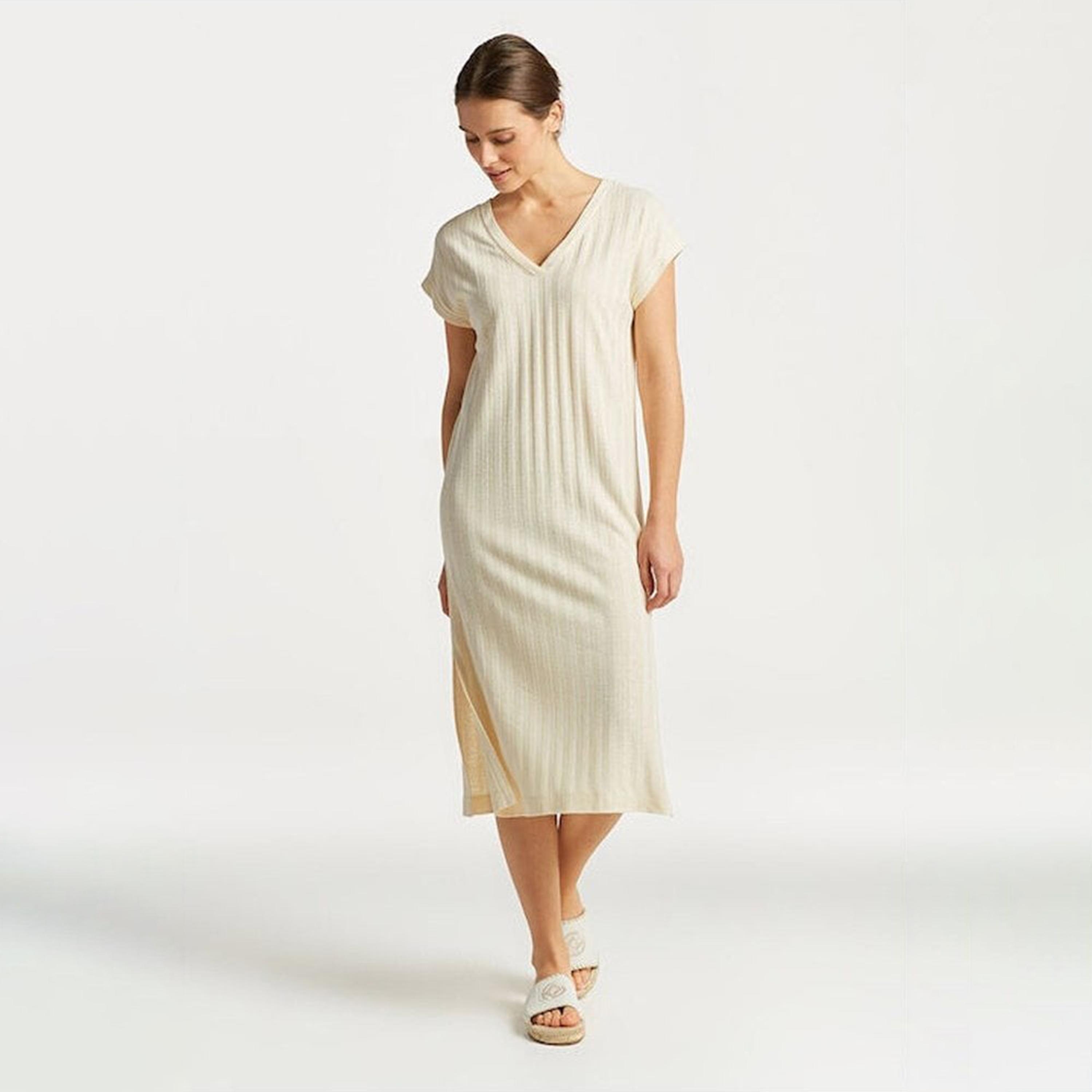 Gant Beige Textured V-Neck Cap Sleeves Midi Women Dress-women-clothing-dresses-image-3