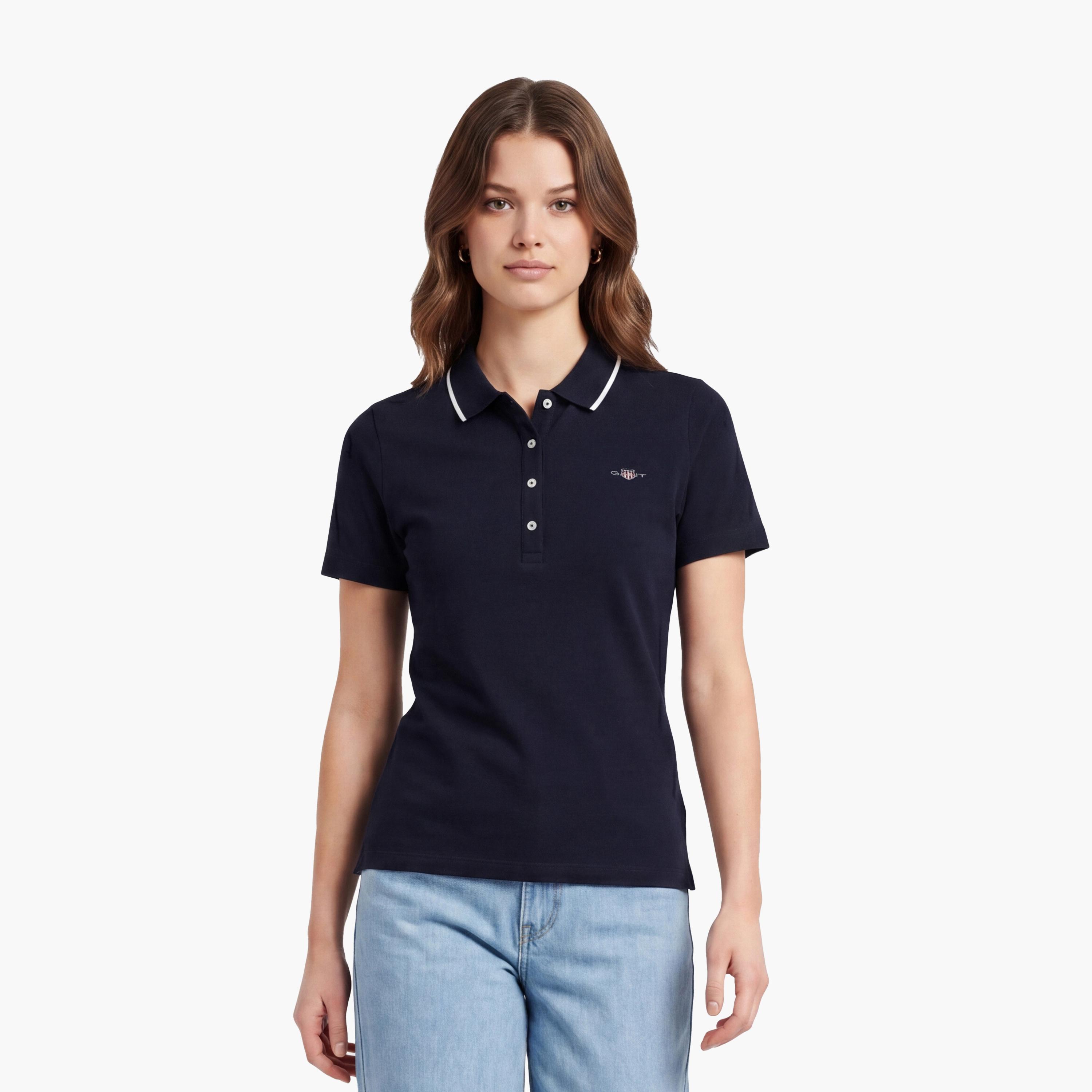 قميص بولو نسائي بأكمام قصيرة وياقة بأطراف ملونة من غانت-women-clothing-tshirts-image-1