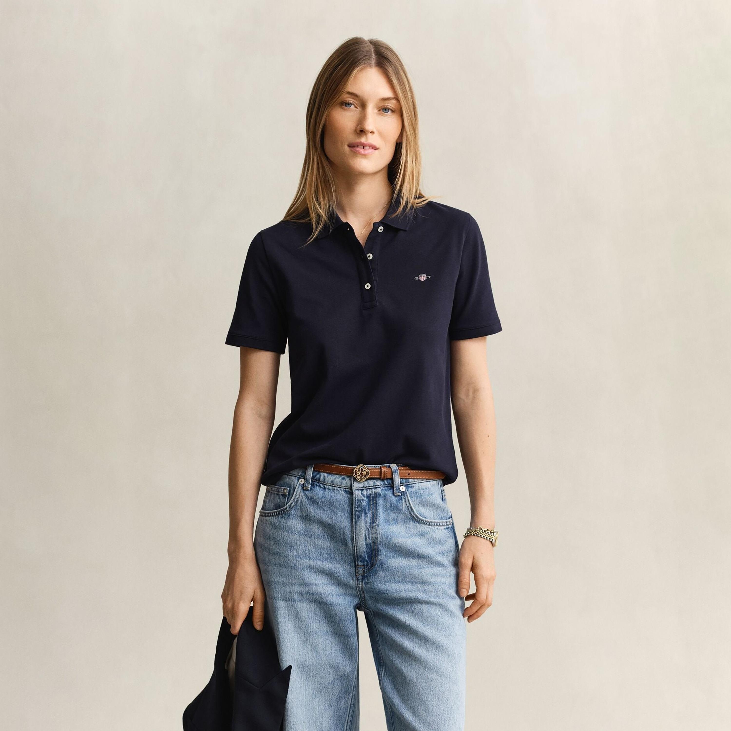 تي شيرت بولو نسائي سادة بأكمام قصيرة وياقة من جانت-women-clothing-tshirts-image-6