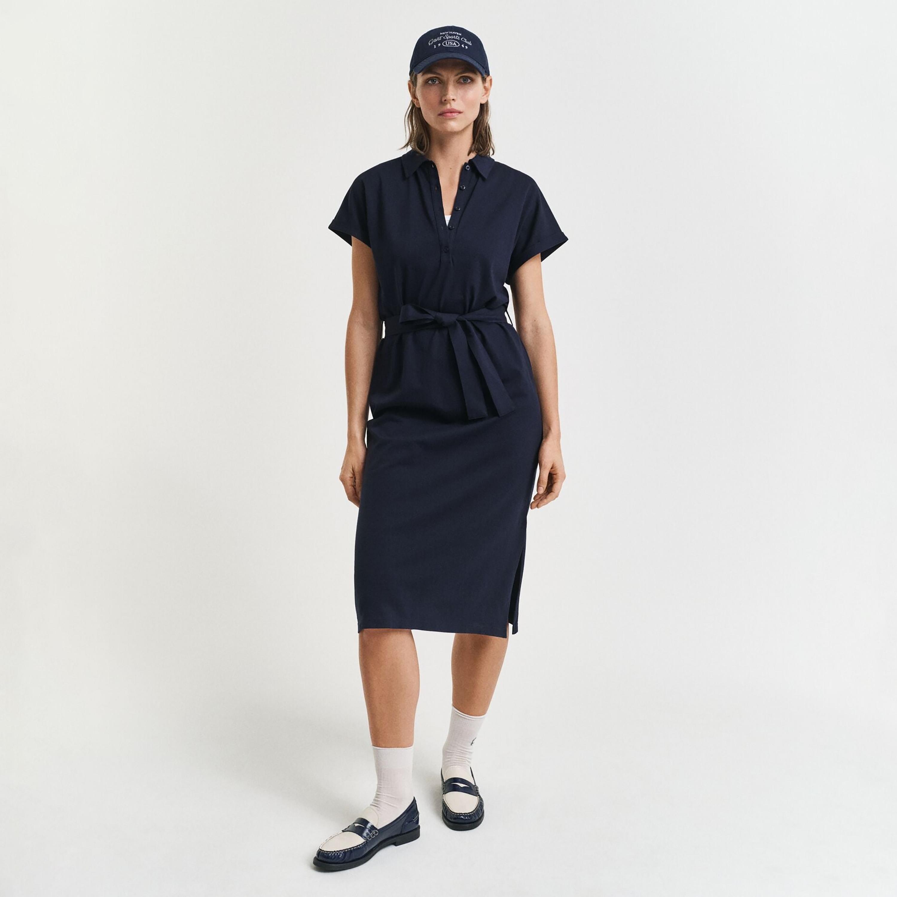 Gant Blue Cotton Polo Collar Cap Sleeves Women's Midi T-Shirt Dress-women-clothing-dresses-image-1