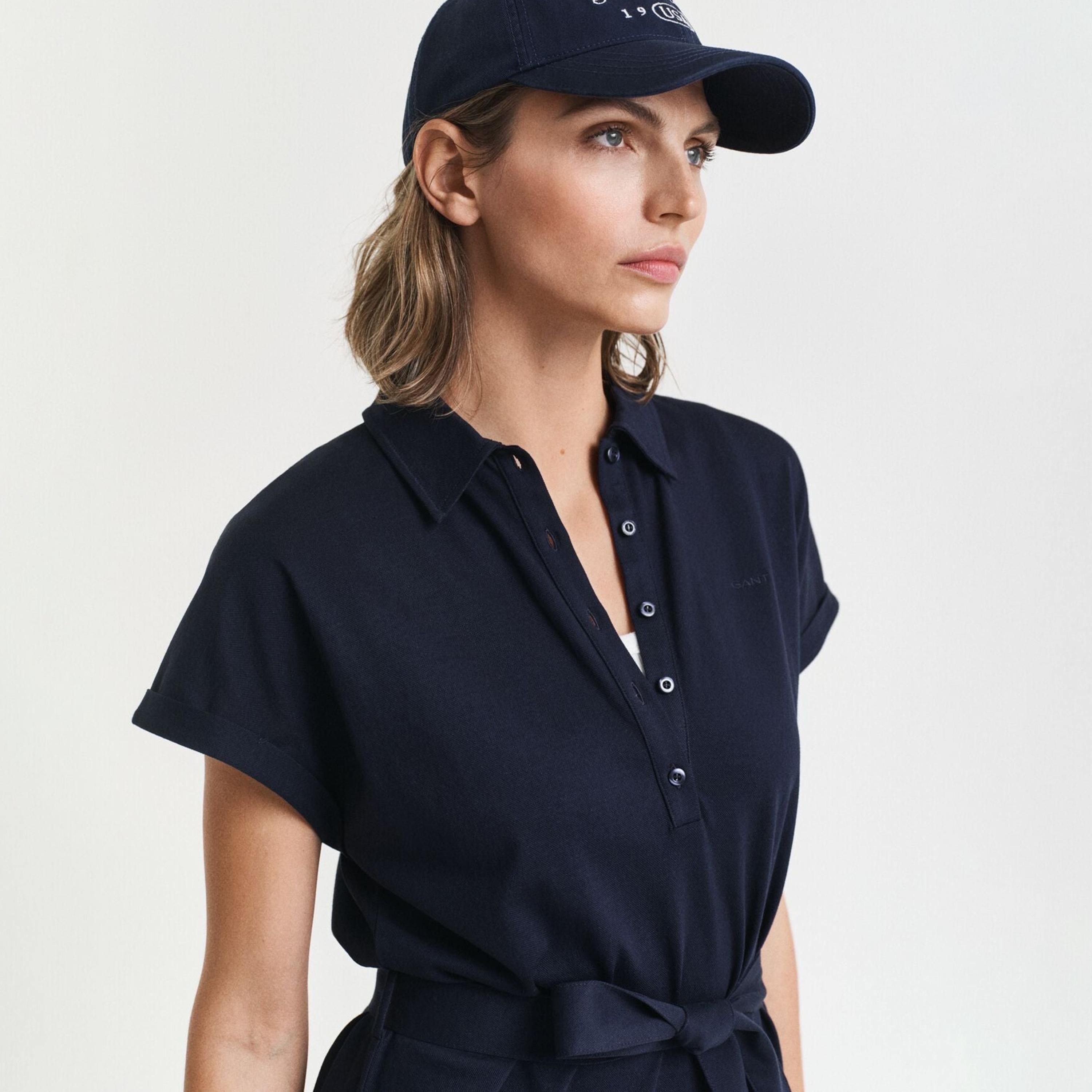 Gant Blue Cotton Polo Collar Cap Sleeves Women's Midi T-Shirt Dress-women-clothing-dresses-image-2