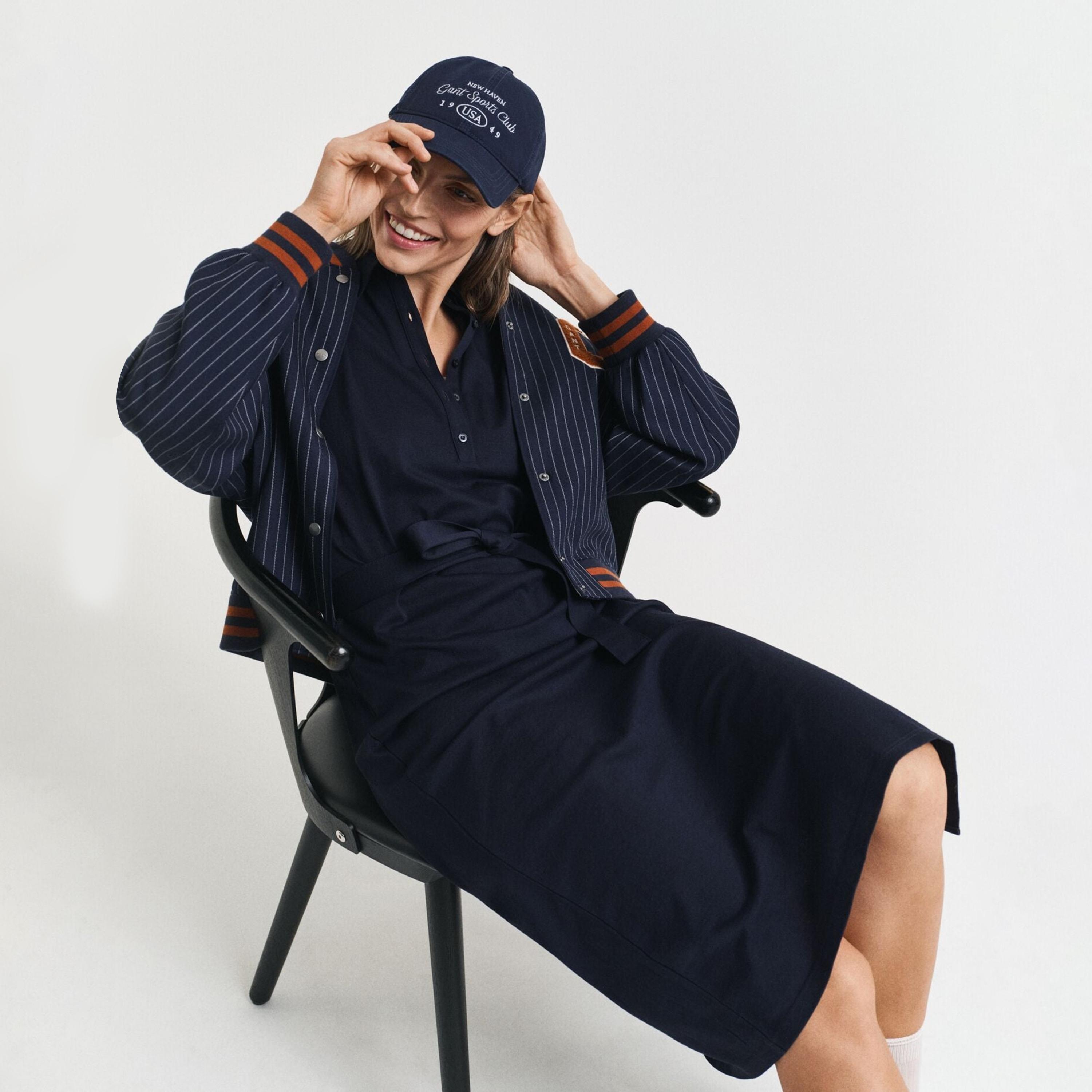 Gant Blue Cotton Polo Collar Cap Sleeves Women's Midi T-Shirt Dress-women-clothing-dresses-image-3