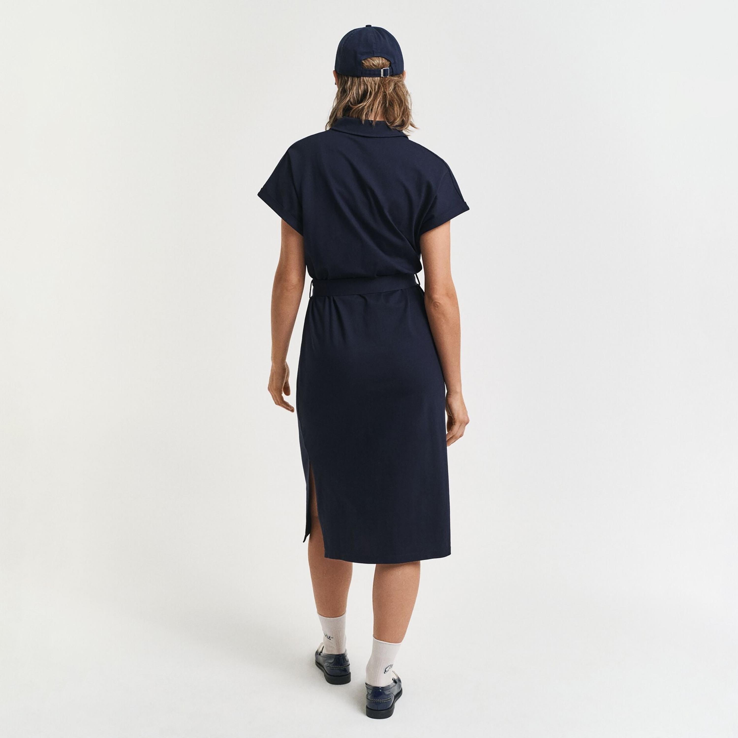 Gant Blue Cotton Polo Collar Cap Sleeves Women's Midi T-Shirt Dress-women-clothing-dresses-image-4