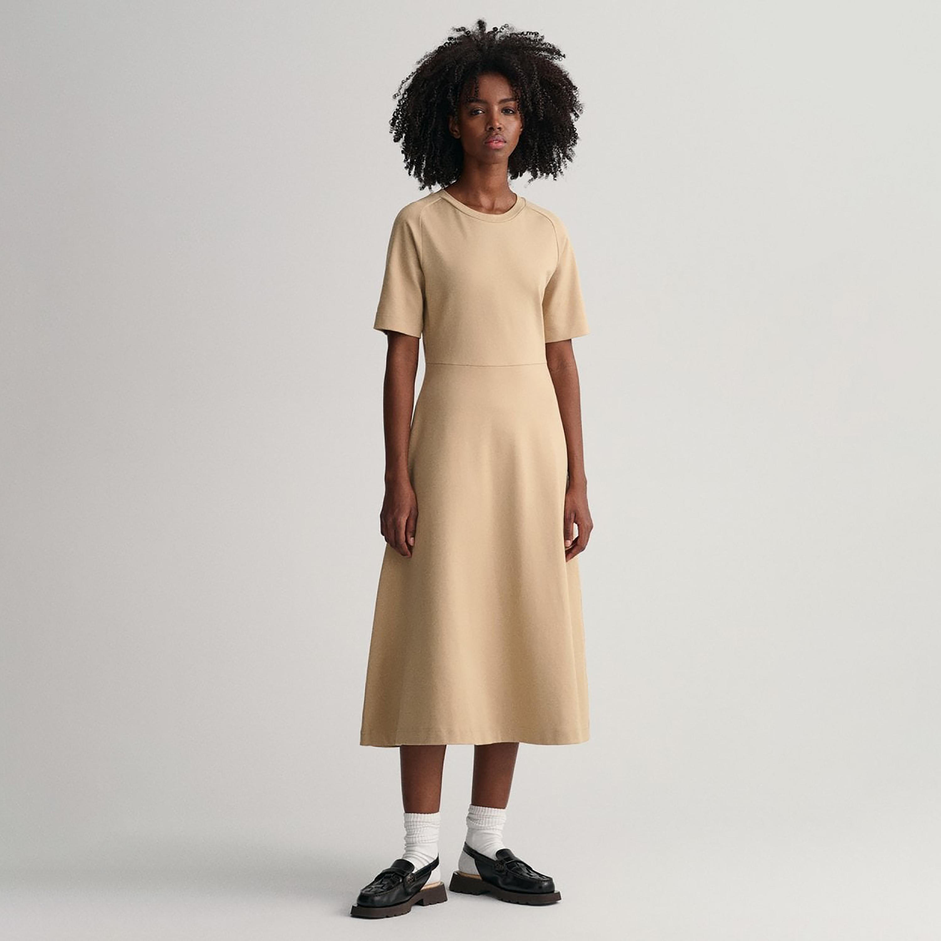 فستان ميدي بتفاصيل شعار جانت وياقة دائرية-women-clothing-dresses-image-1