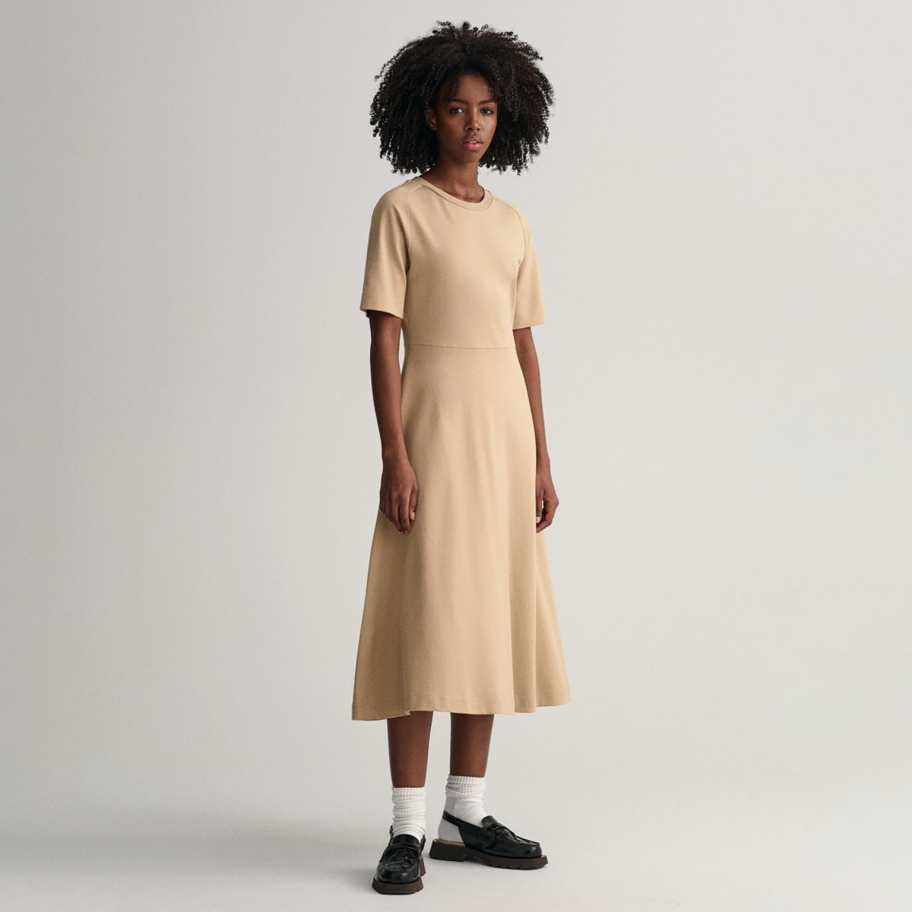 فستان ميدي بتفاصيل شعار جانت وياقة دائرية-women-clothing-dresses-image-2