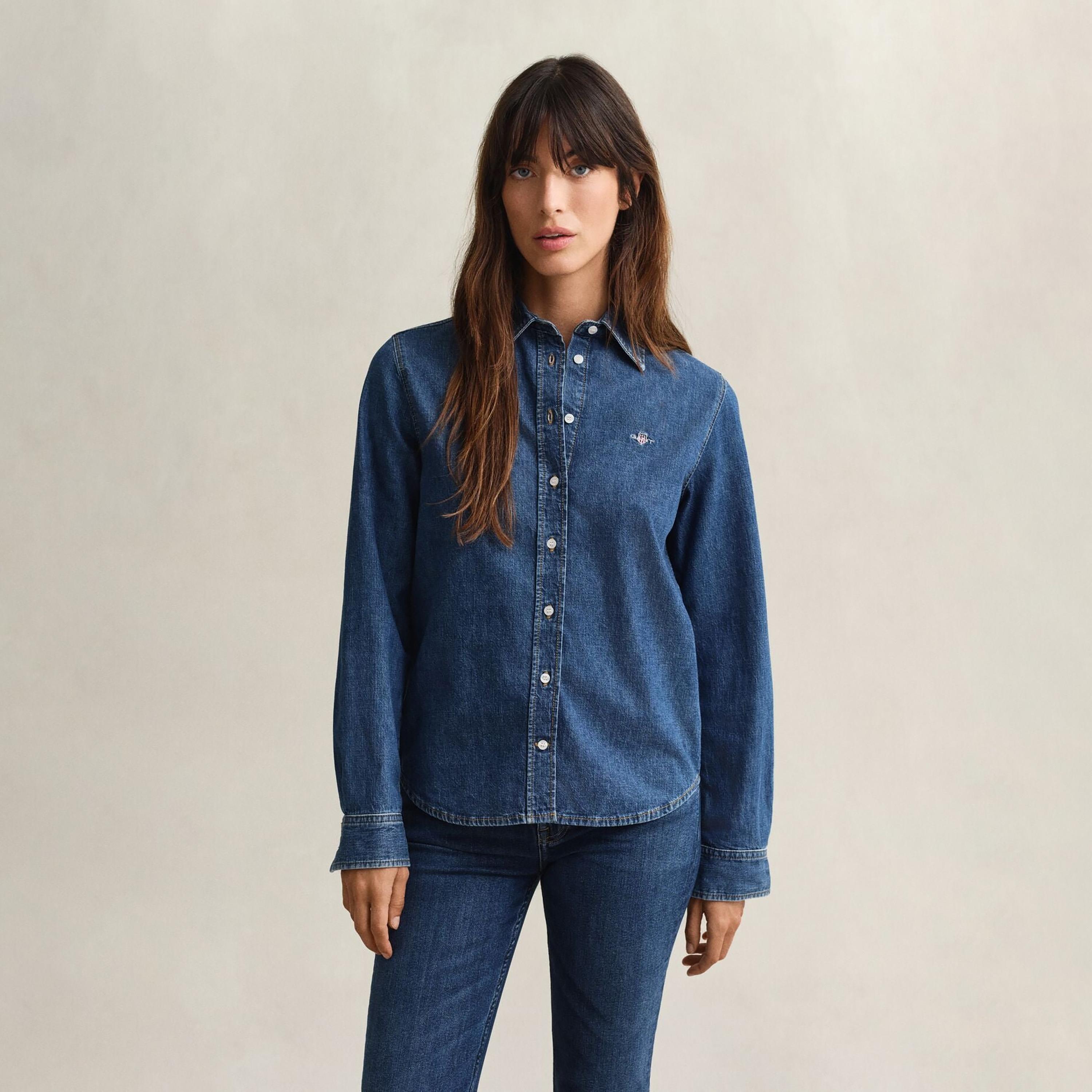 Gant Regular Fit Washed Spread Collar Long Sleeves Women's Denim Shirt-women-clothing-shirtsandblouses-shirts-image-1