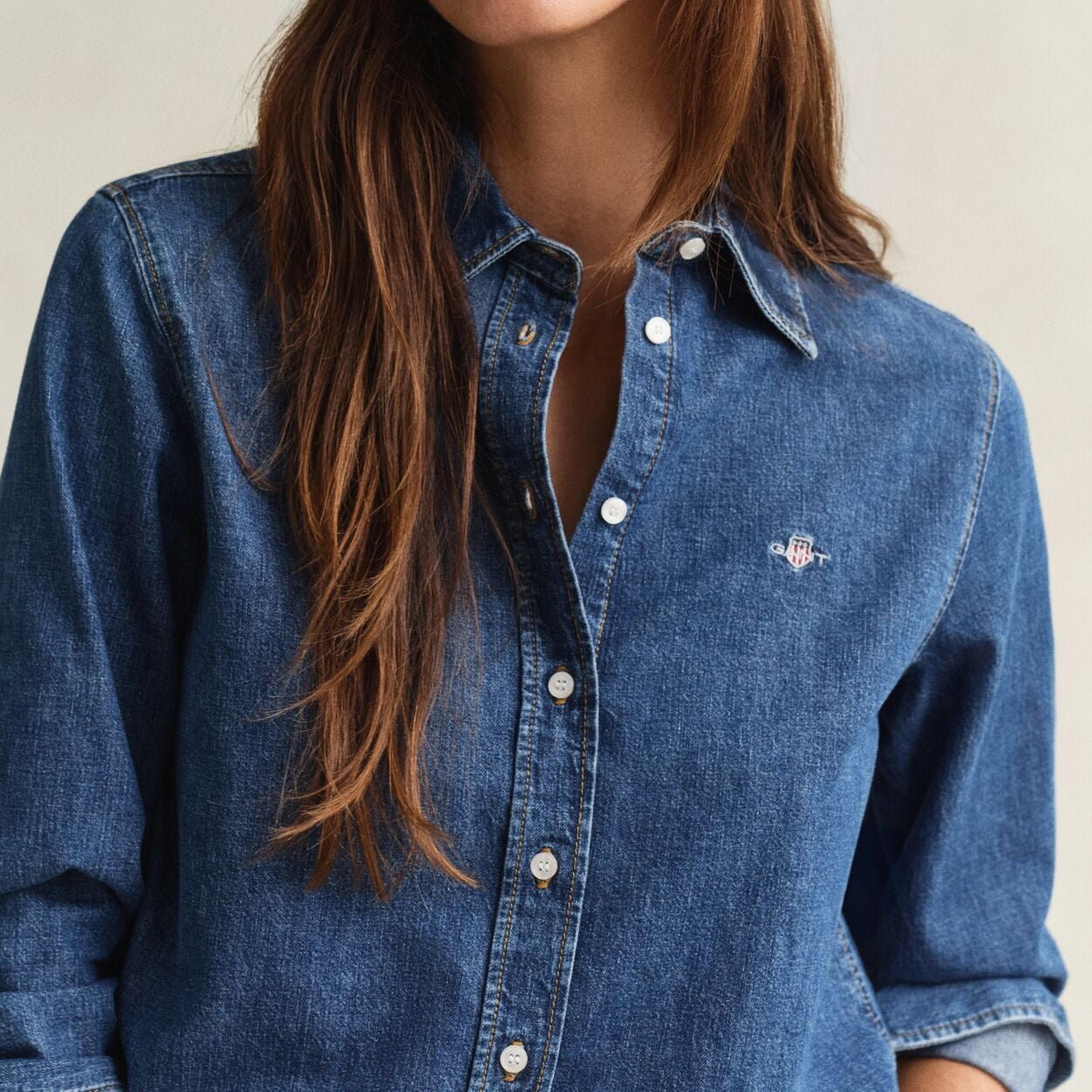 Gant Regular Fit Washed Spread Collar Long Sleeves Women's Denim Shirt-women-clothing-shirtsandblouses-shirts-image-3