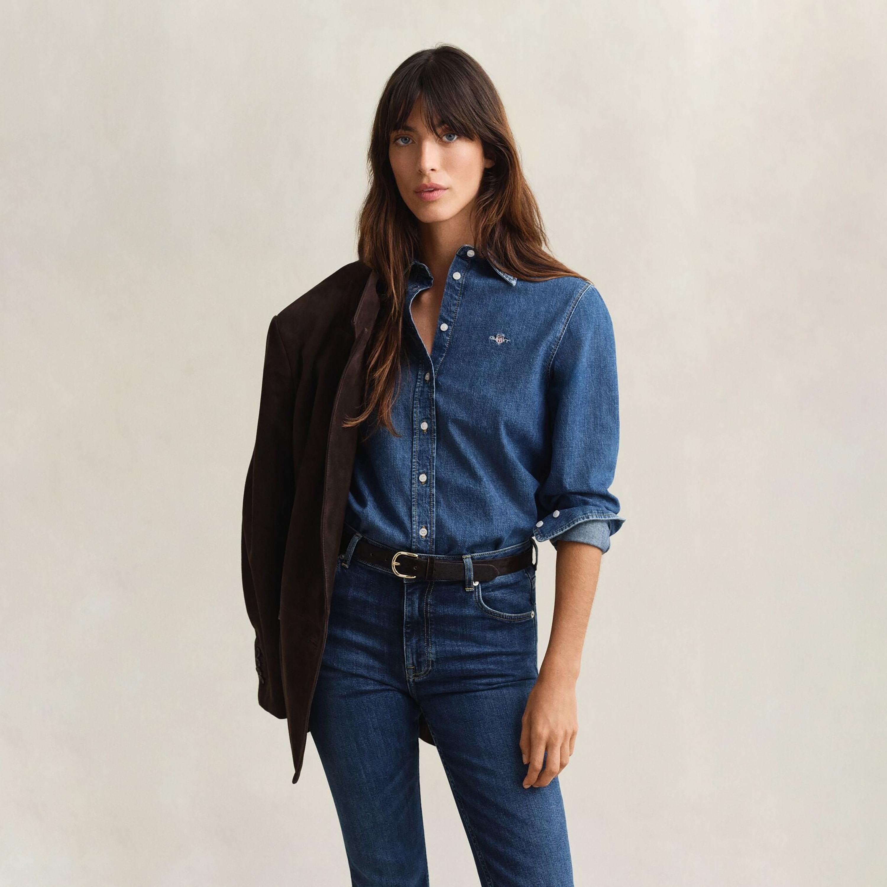 Gant Regular Fit Washed Spread Collar Long Sleeves Women's Denim Shirt-women-clothing-shirtsandblouses-shirts-image-5