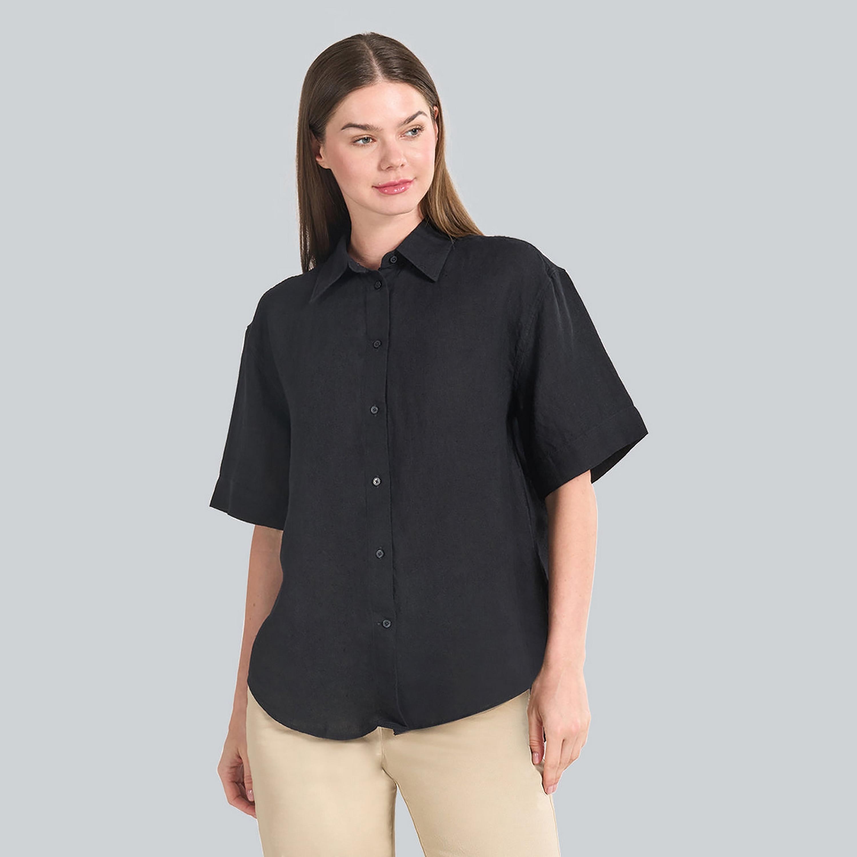 قميص كتان نسائي بقصة مريحة وسادة وياقة مدببة وأكمام قصيرة من غانت-women-clothing-shirtsandblouses-shirts-image-1