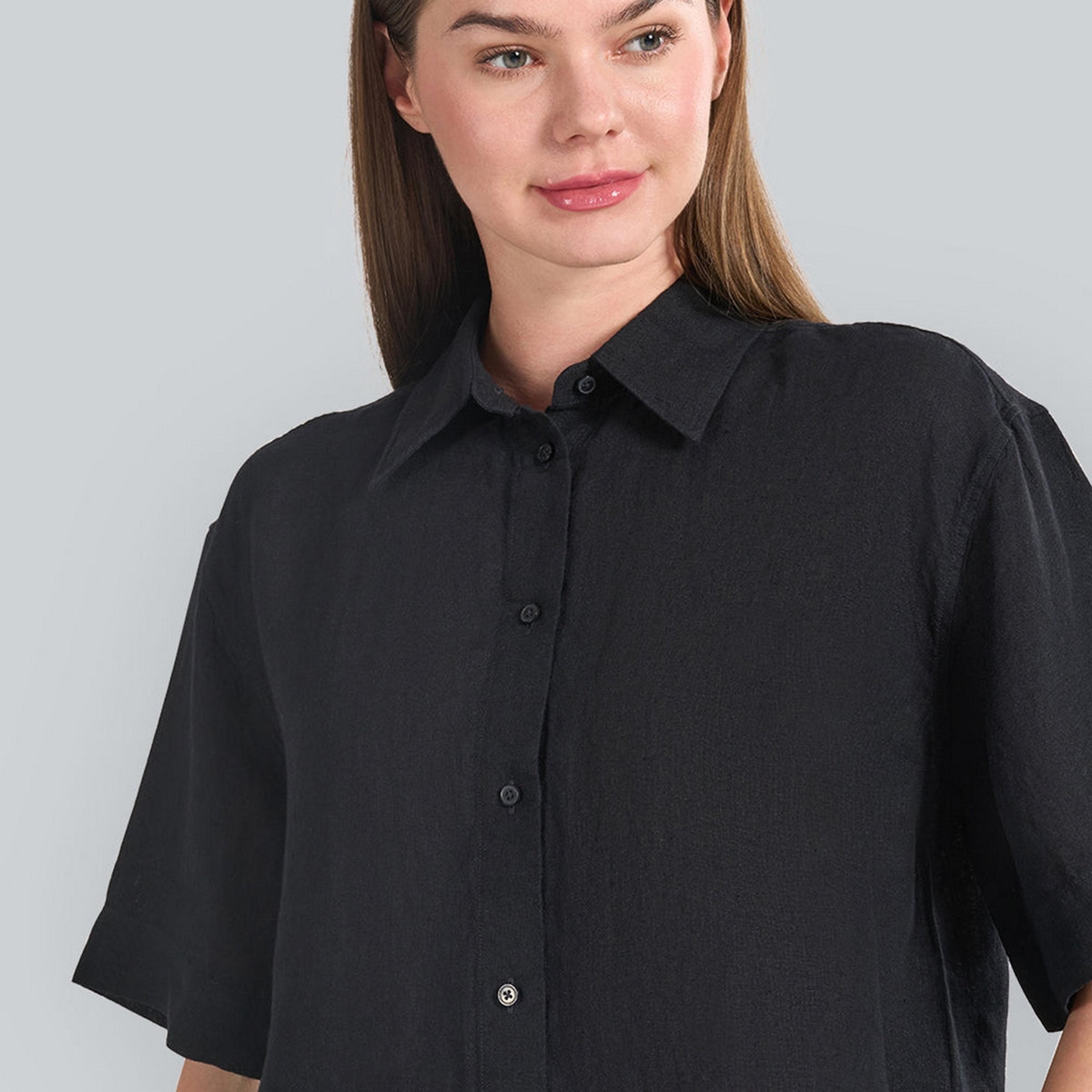 قميص كتان نسائي بقصة مريحة وسادة وياقة مدببة وأكمام قصيرة من غانت-women-clothing-shirtsandblouses-shirts-image-2