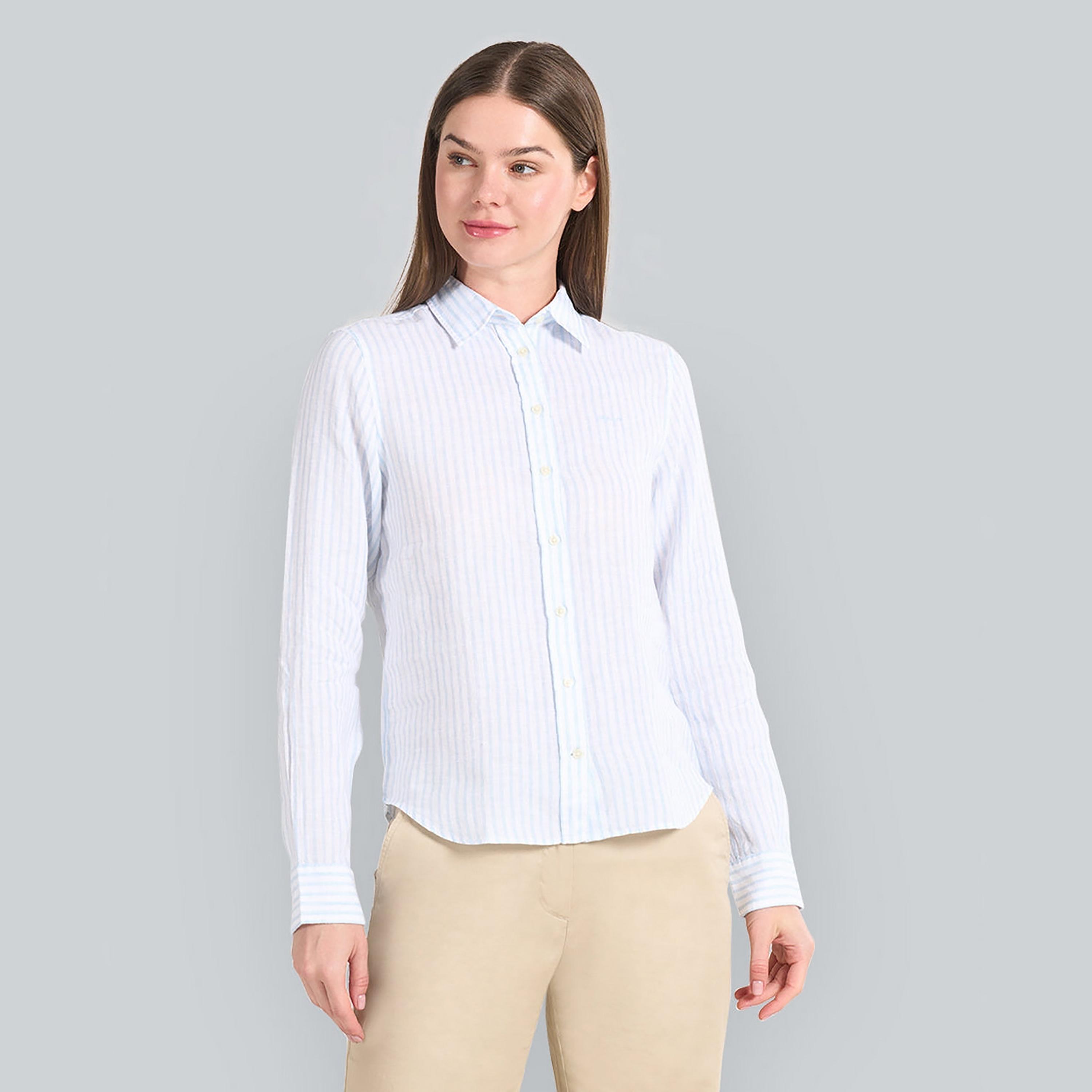 قميص كتان نسائي بقصة عادية ومخطط بياقة مدببة وأكمام طويلة من غانت-women-clothing-shirtsandblouses-shirts-image-1