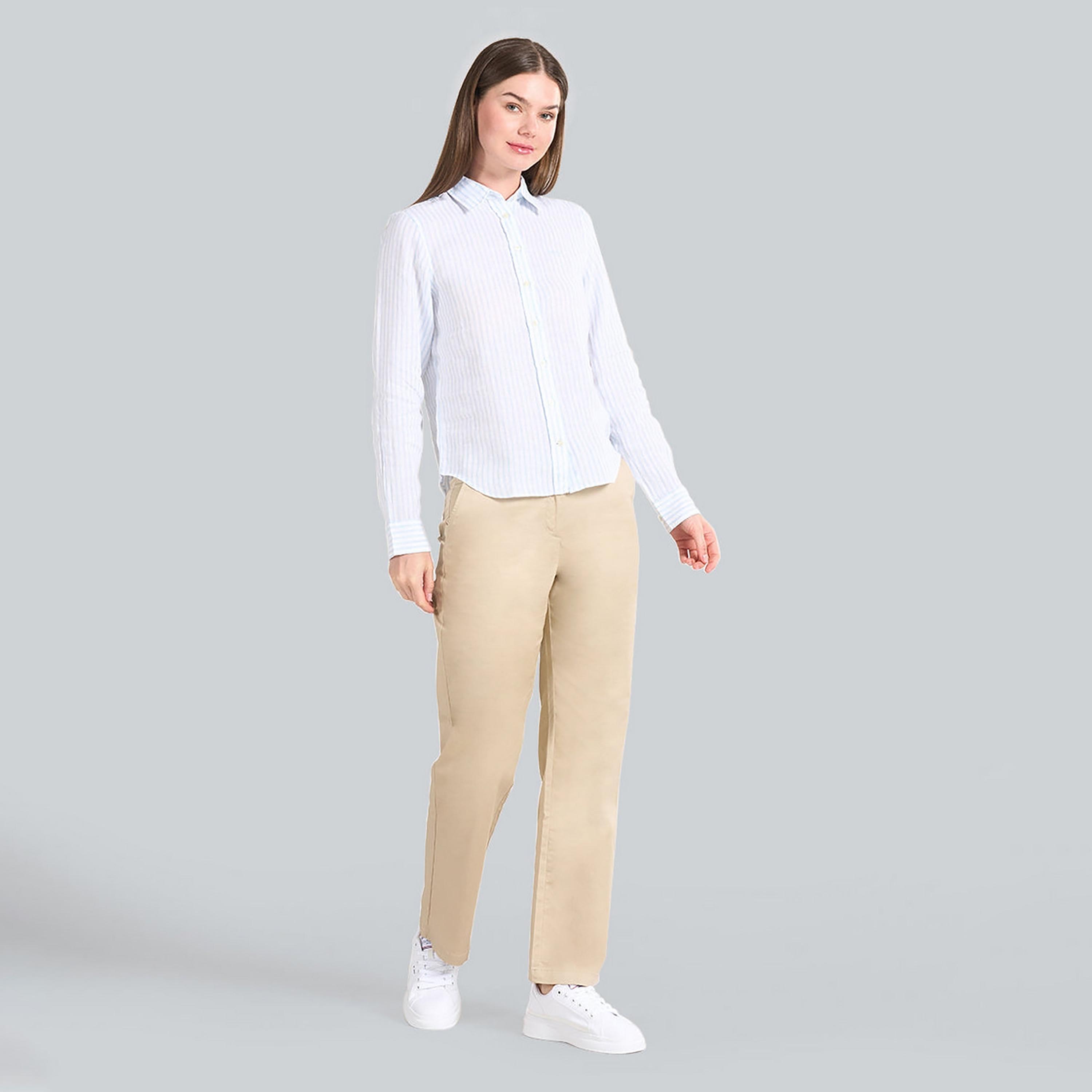 قميص كتان نسائي بقصة عادية ومخطط بياقة مدببة وأكمام طويلة من غانت-women-clothing-shirtsandblouses-shirts-image-3