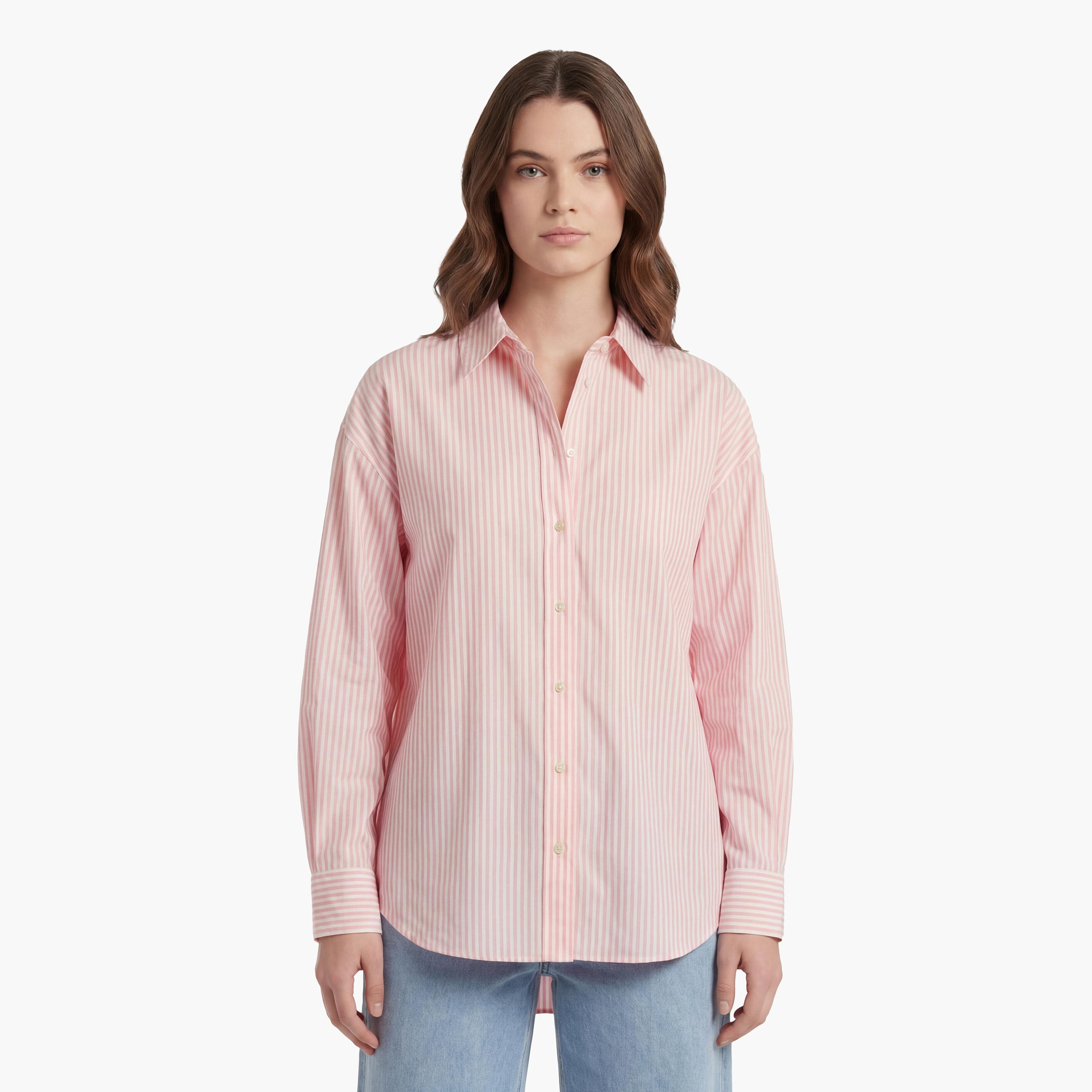 قميص نسائي بأكمام طويلة وقصة "أوفرسايزد فيت" مخطط وياقة "سبريد" من جانت-women-clothing-shirtsandblouses-shirts-image-1