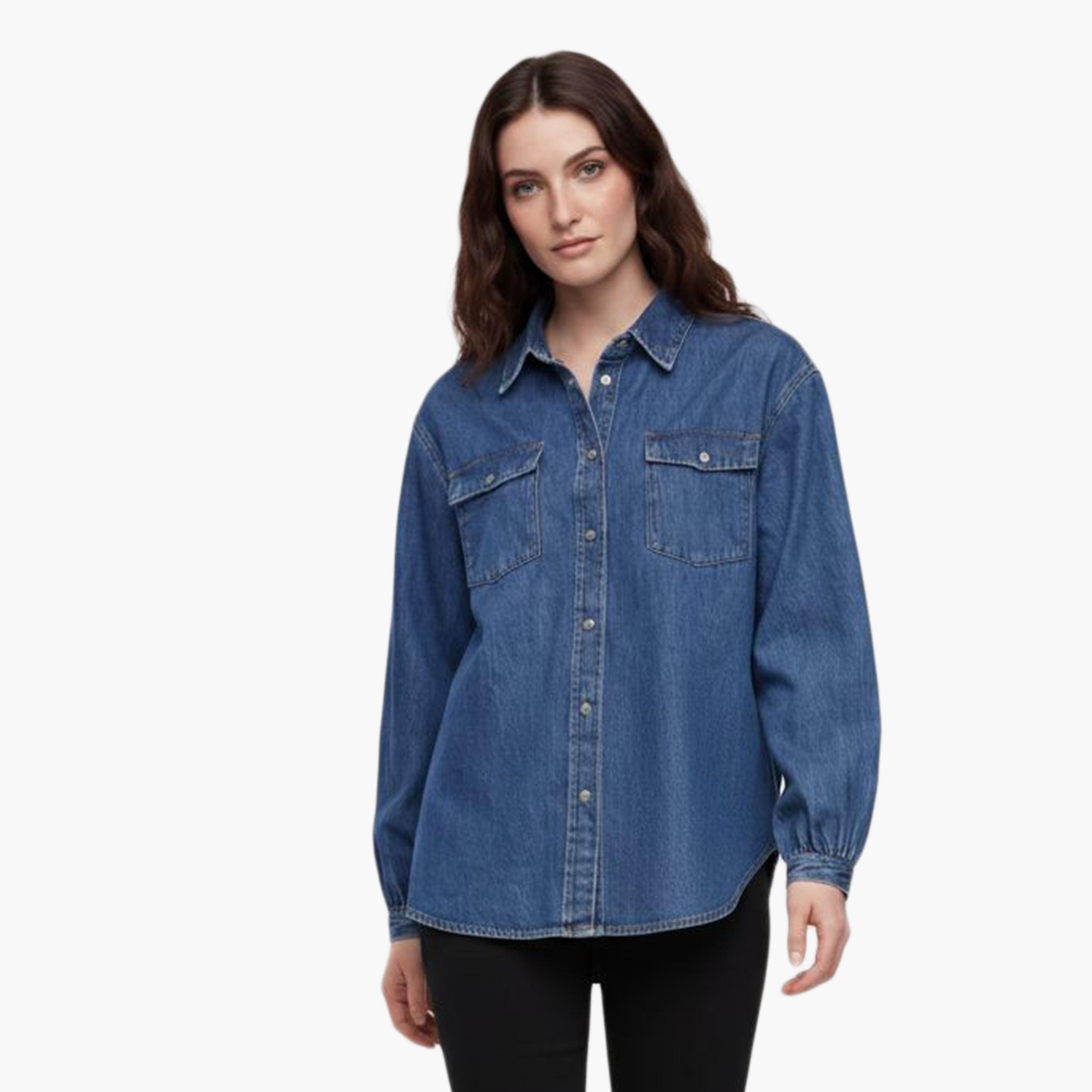 قميص دنيم نسائي بأكمام طويلة وقصة "ريلاكسد فيت" بمظهر باهت وياقة "سبريد" من جانت-women-clothing-shirtsandblouses-shirts-image-1