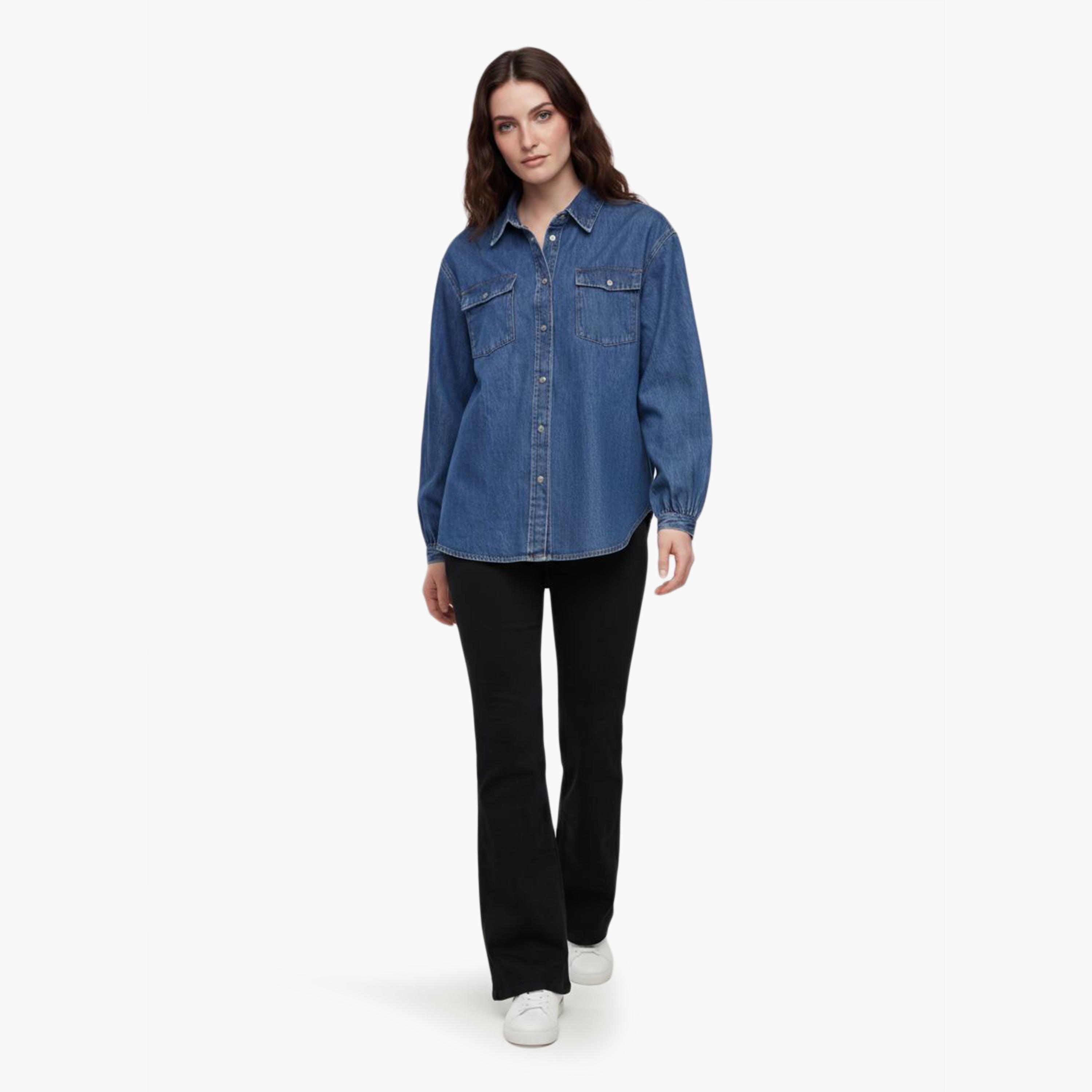 قميص دنيم نسائي بأكمام طويلة وقصة "ريلاكسد فيت" بمظهر باهت وياقة "سبريد" من جانت-women-clothing-shirtsandblouses-shirts-image-2