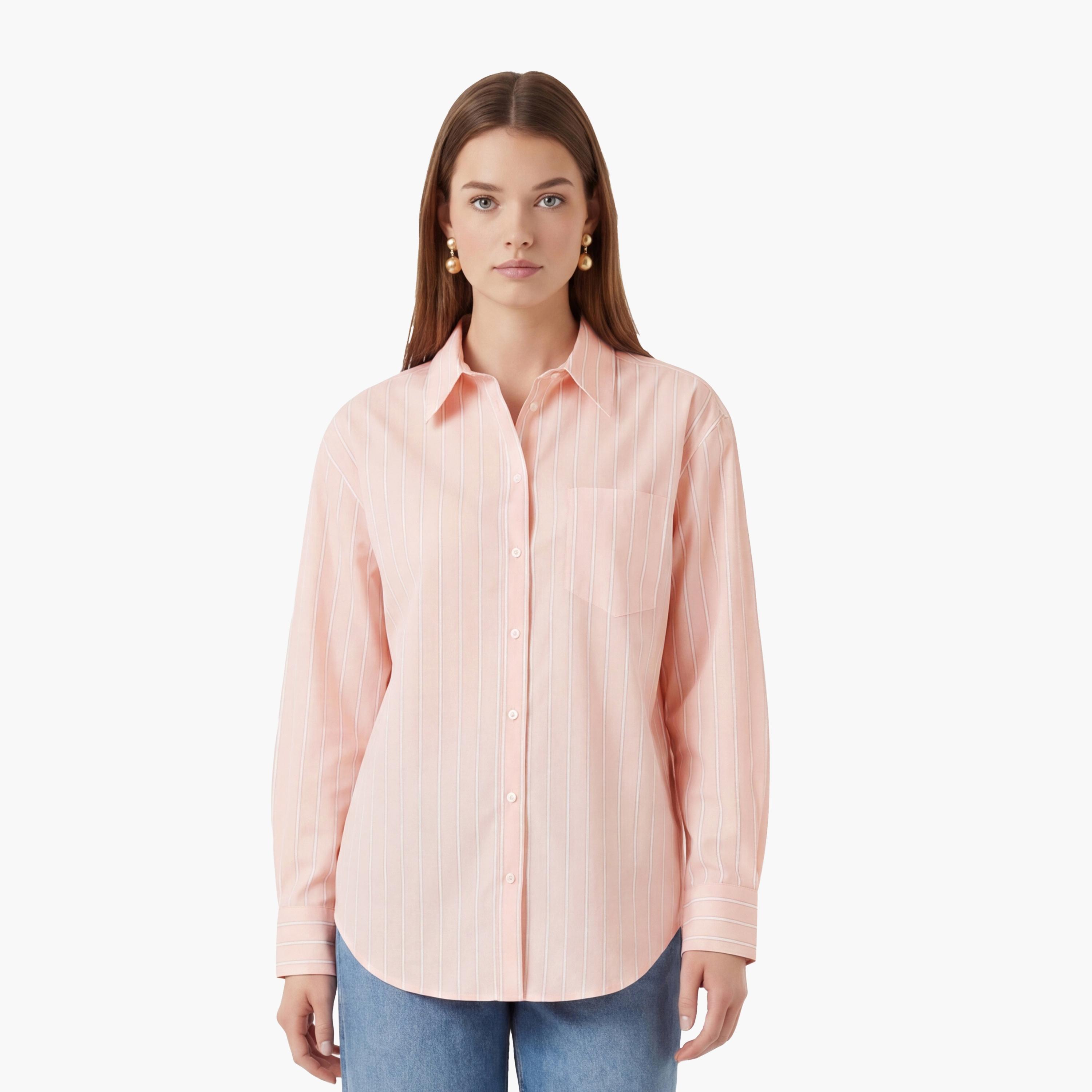 قميص نسائي مخطط بياقة مريحة وأكمام طويلة من جانت-women-clothing-shirtsandblouses-shirts-image-1