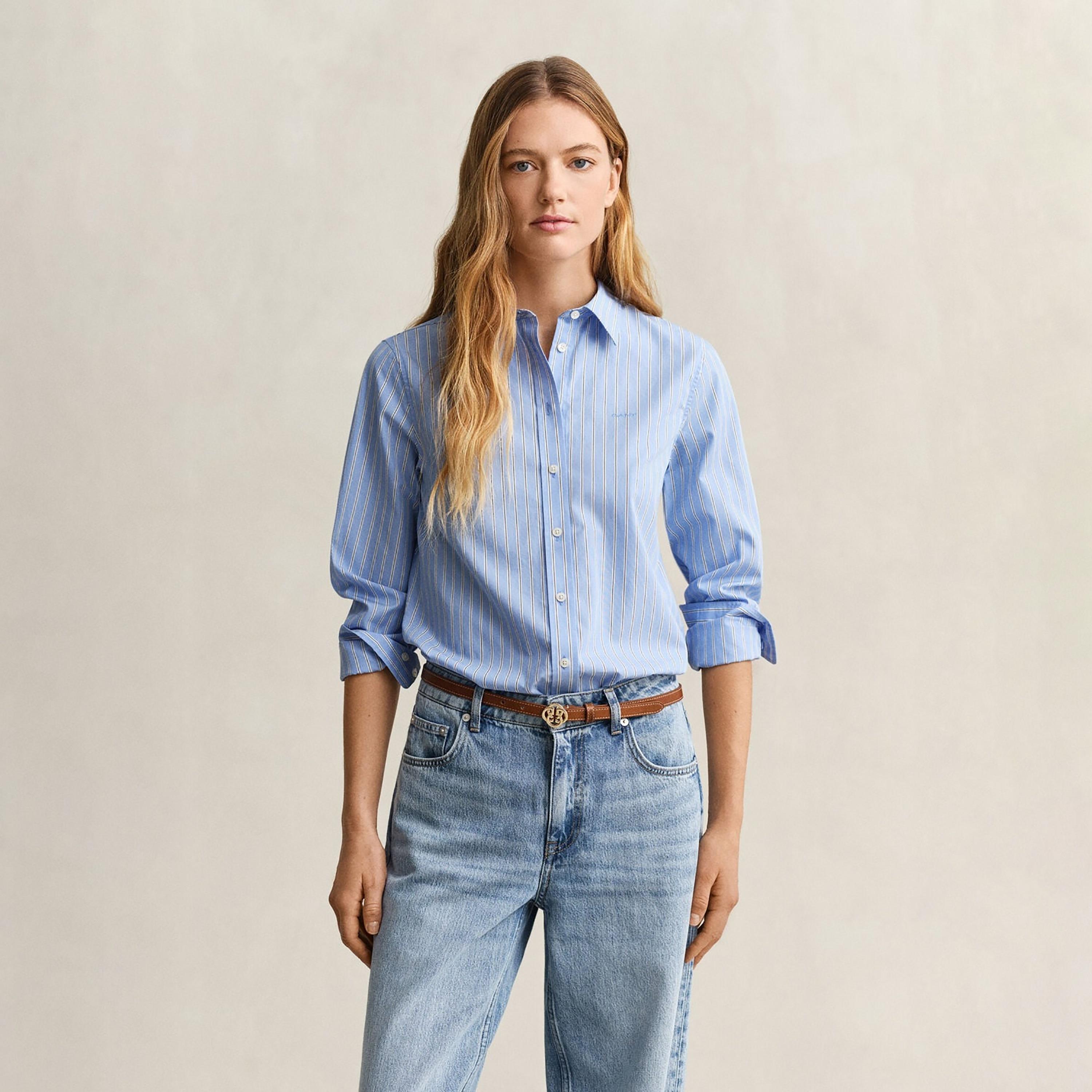قميص نسائي بقصة مريحة ومخطط بياقة مدببة وأكمام طويلة من غانت-women-clothing-shirtsandblouses-shirts-image-1