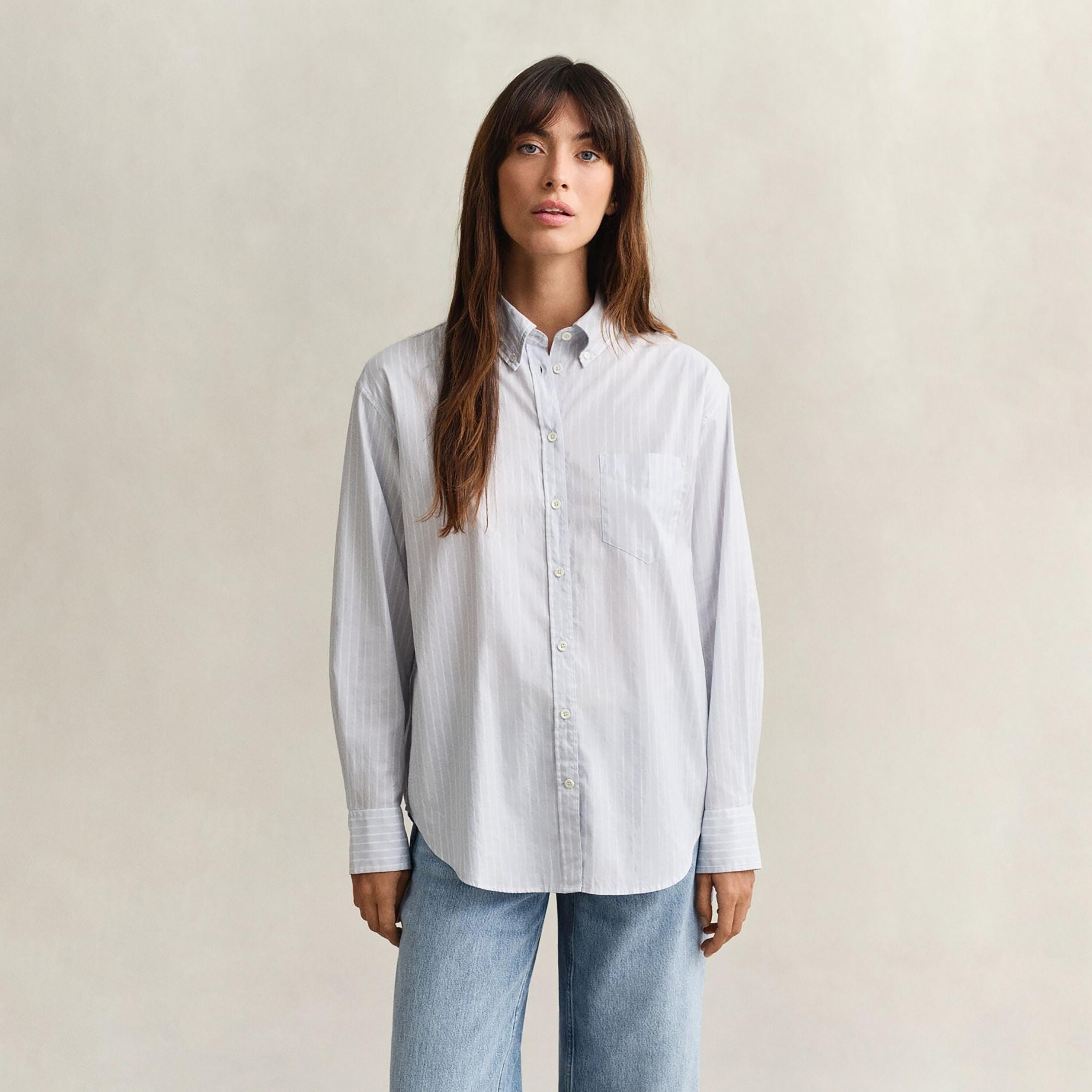 قميص نسائي بقصة مريحة ومخطط بياقة بأزرار وأكمام طويلة من غانت-women-clothing-shirtsandblouses-shirts-image-1
