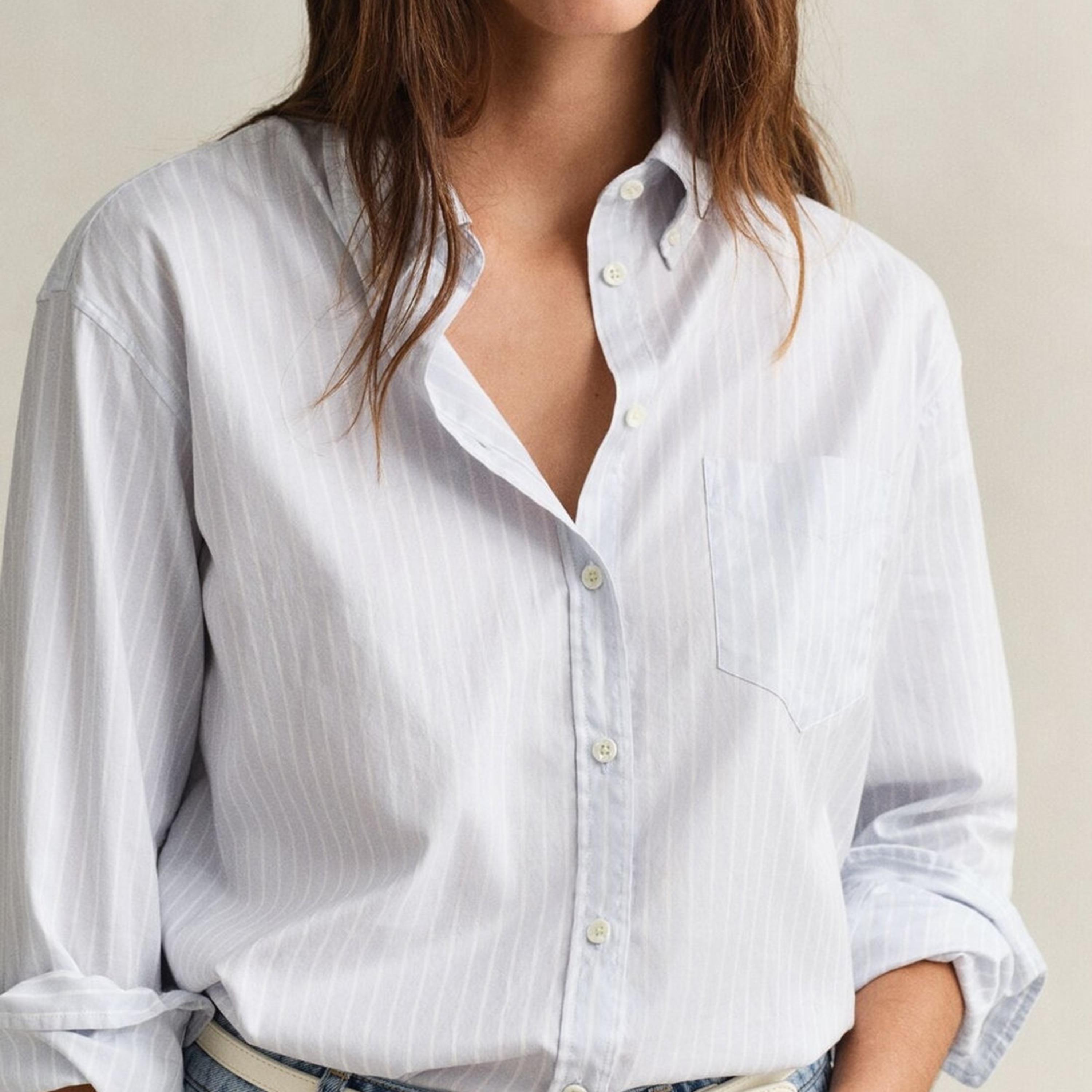 قميص نسائي بقصة مريحة ومخطط بياقة بأزرار وأكمام طويلة من غانت-women-clothing-shirtsandblouses-shirts-image-2