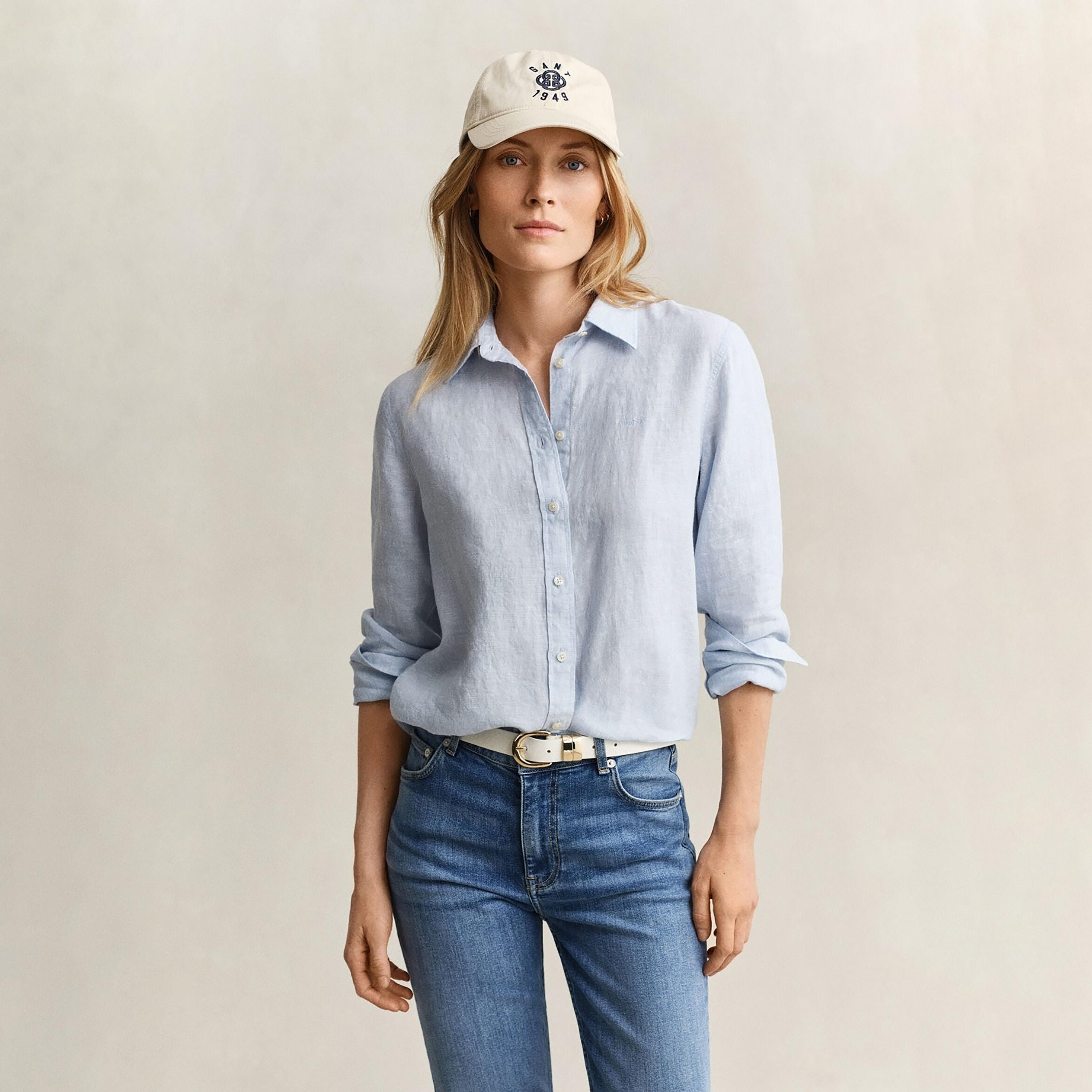 قميص كتان نسائي بقصة عادية وسادة وياقة مدببة وأكمام طويلة من غانت-women-clothing-shirtsandblouses-shirts-image-1