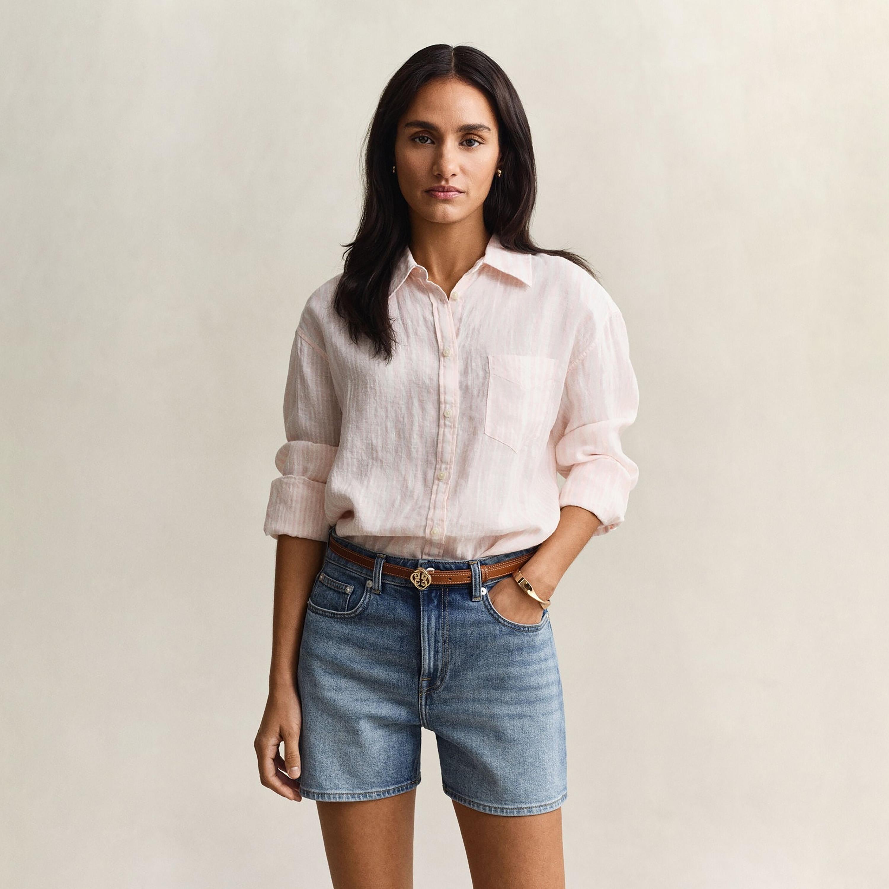قميص كتان نسائي بقصة مريحة ومخطط بياقة مدببة وأكمام طويلة من غانت-women-clothing-shirtsandblouses-shirts-image-1