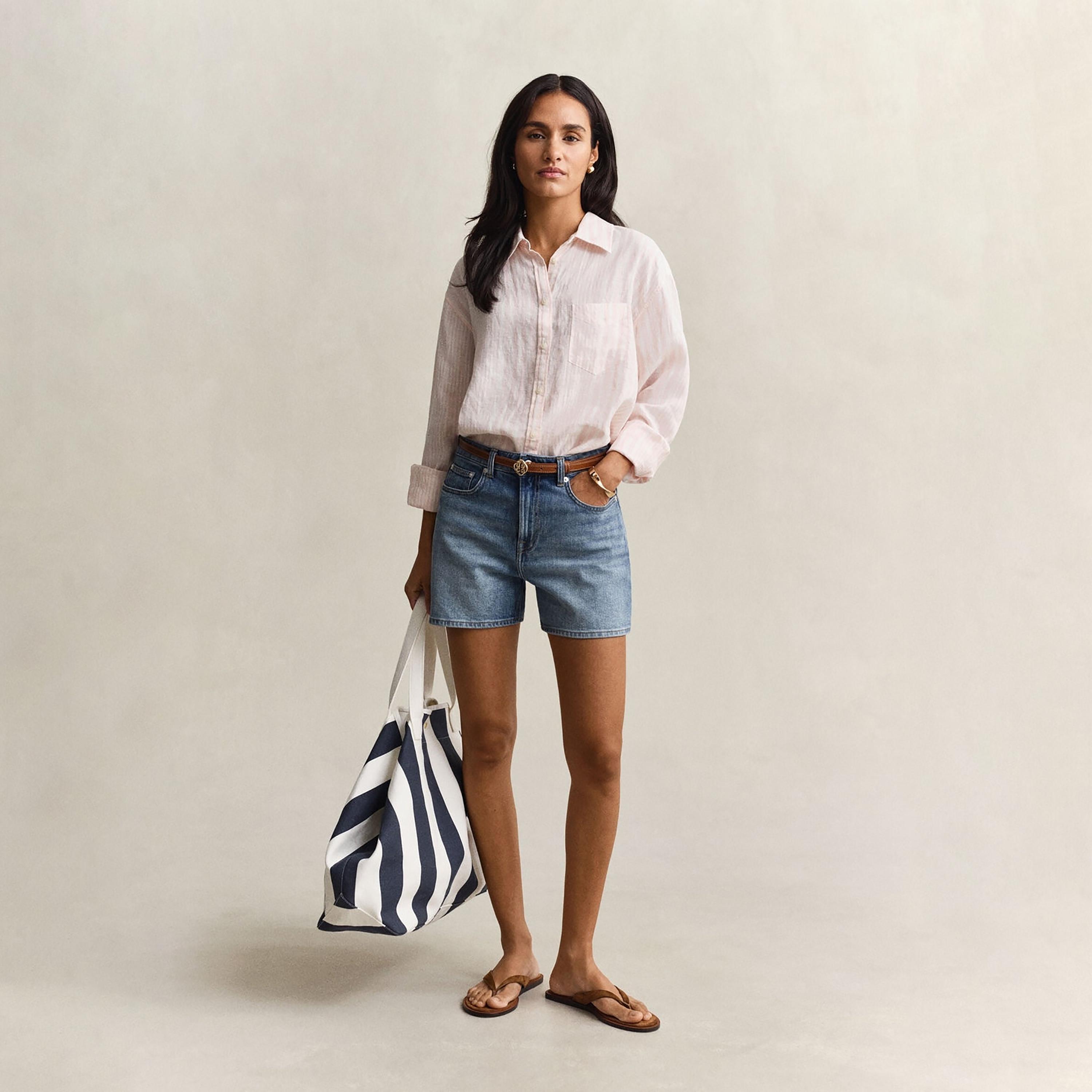 قميص كتان نسائي بقصة مريحة ومخطط بياقة مدببة وأكمام طويلة من غانت-women-clothing-shirtsandblouses-shirts-image-3