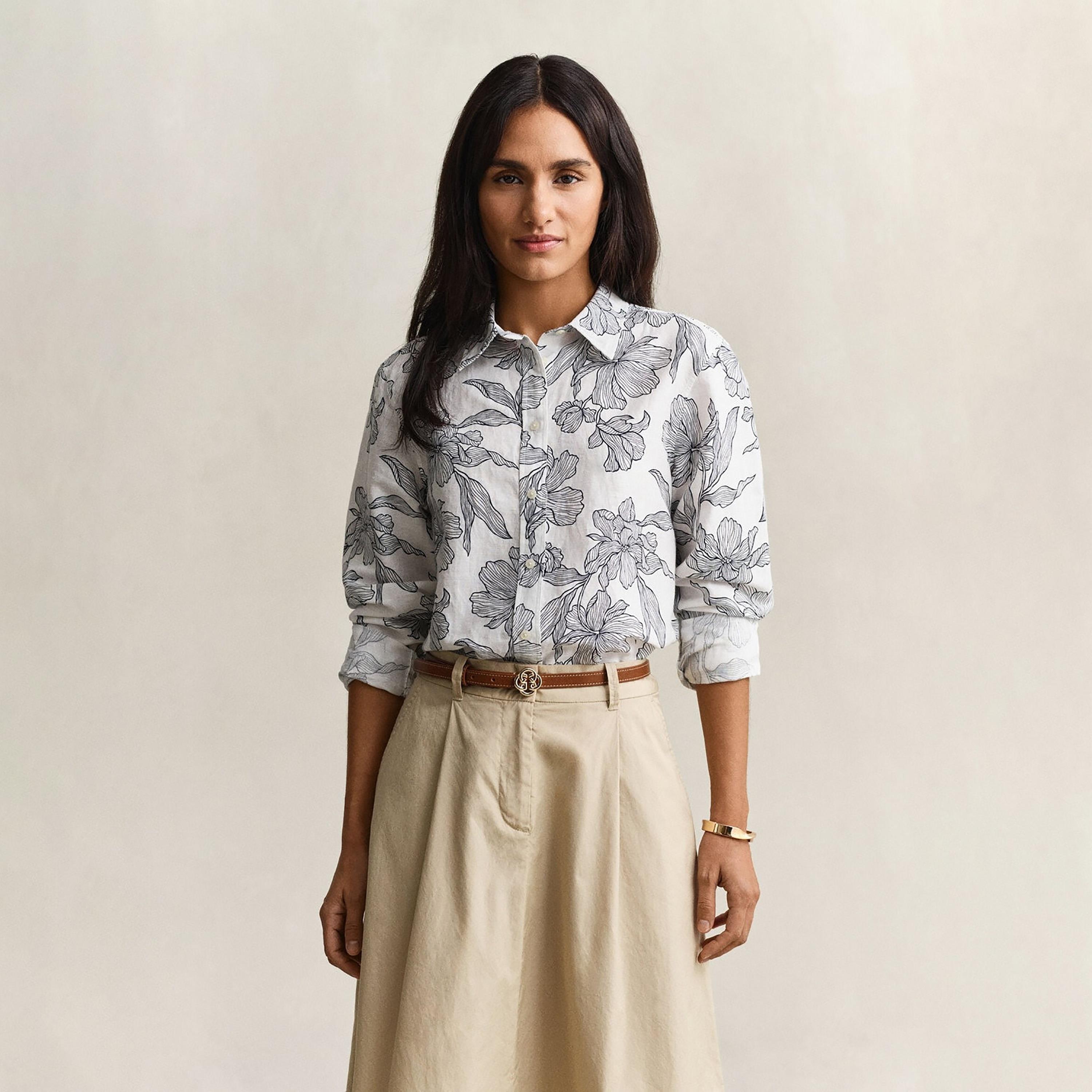 قميص كتان نسائي بقصة عادية وبطبعة زهور وياقة مدببة وأكمام طويلة من غانت-women-clothing-shirtsandblouses-shirts-image-1