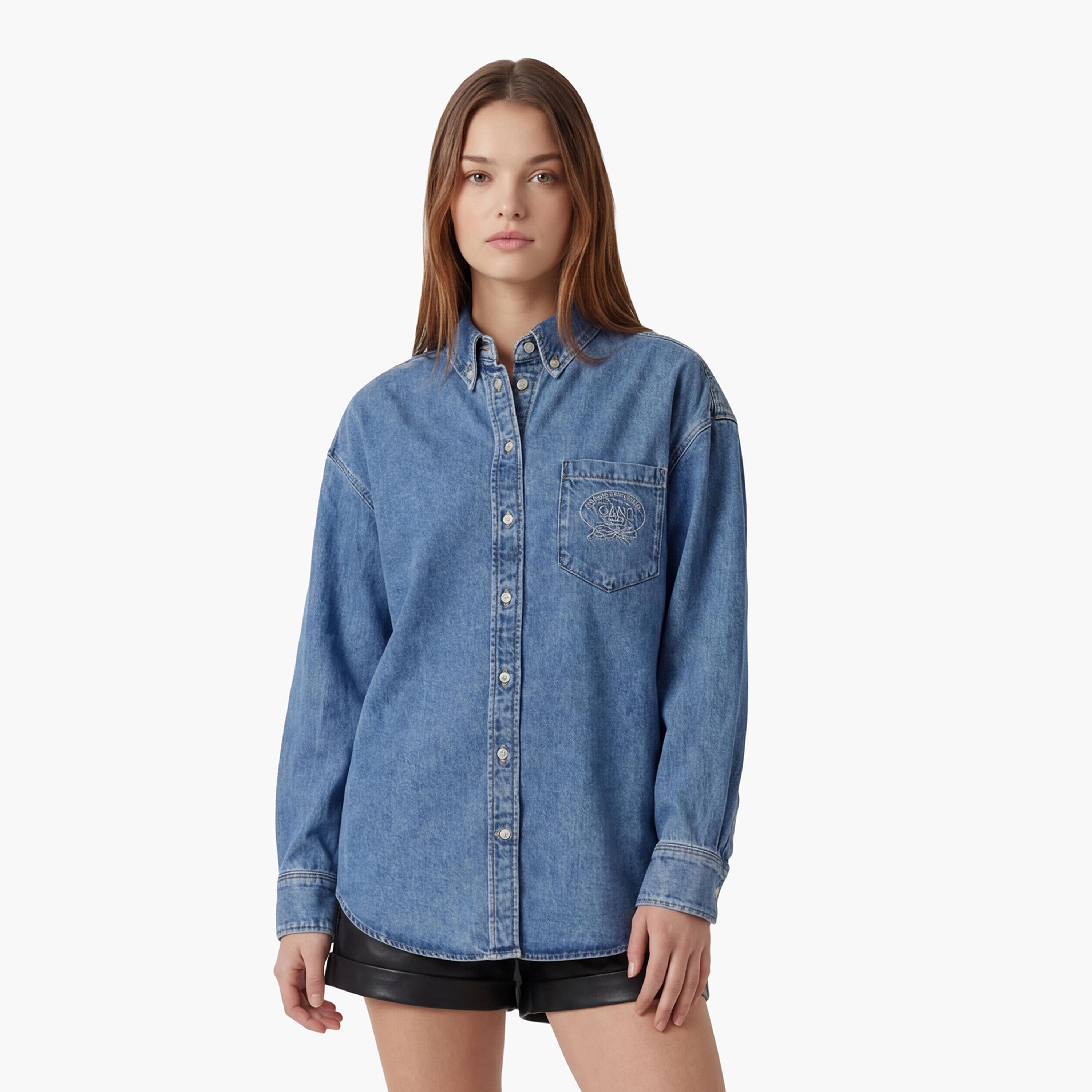 Gant Oversized Fit Washed Button-Down Collar Long Sleeves Women's Denim Shirt-women-clothing-shirtsandblouses-shirts-image-1