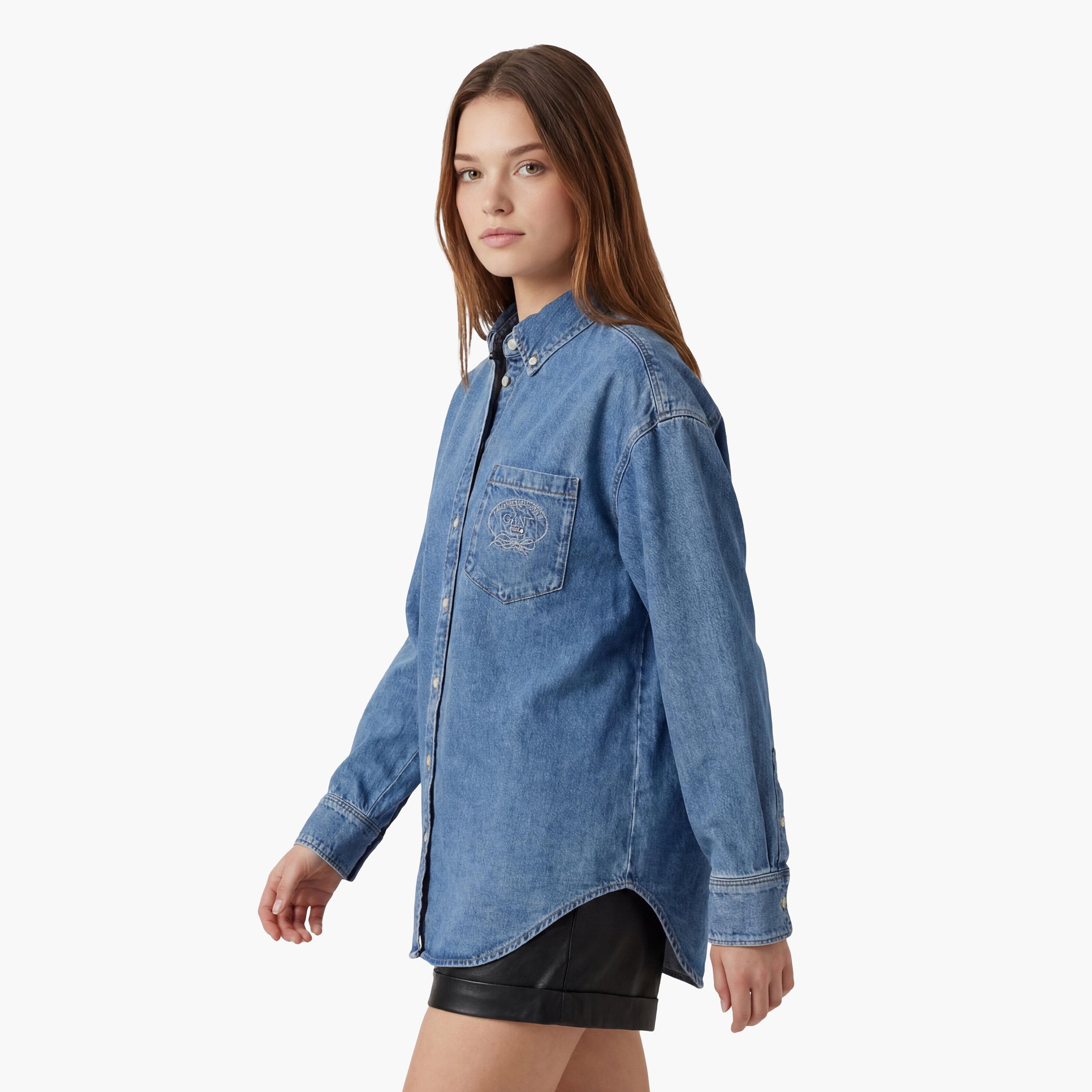 Gant Oversized Fit Washed Button-Down Collar Long Sleeves Women's Denim Shirt-women-clothing-shirtsandblouses-shirts-image-3
