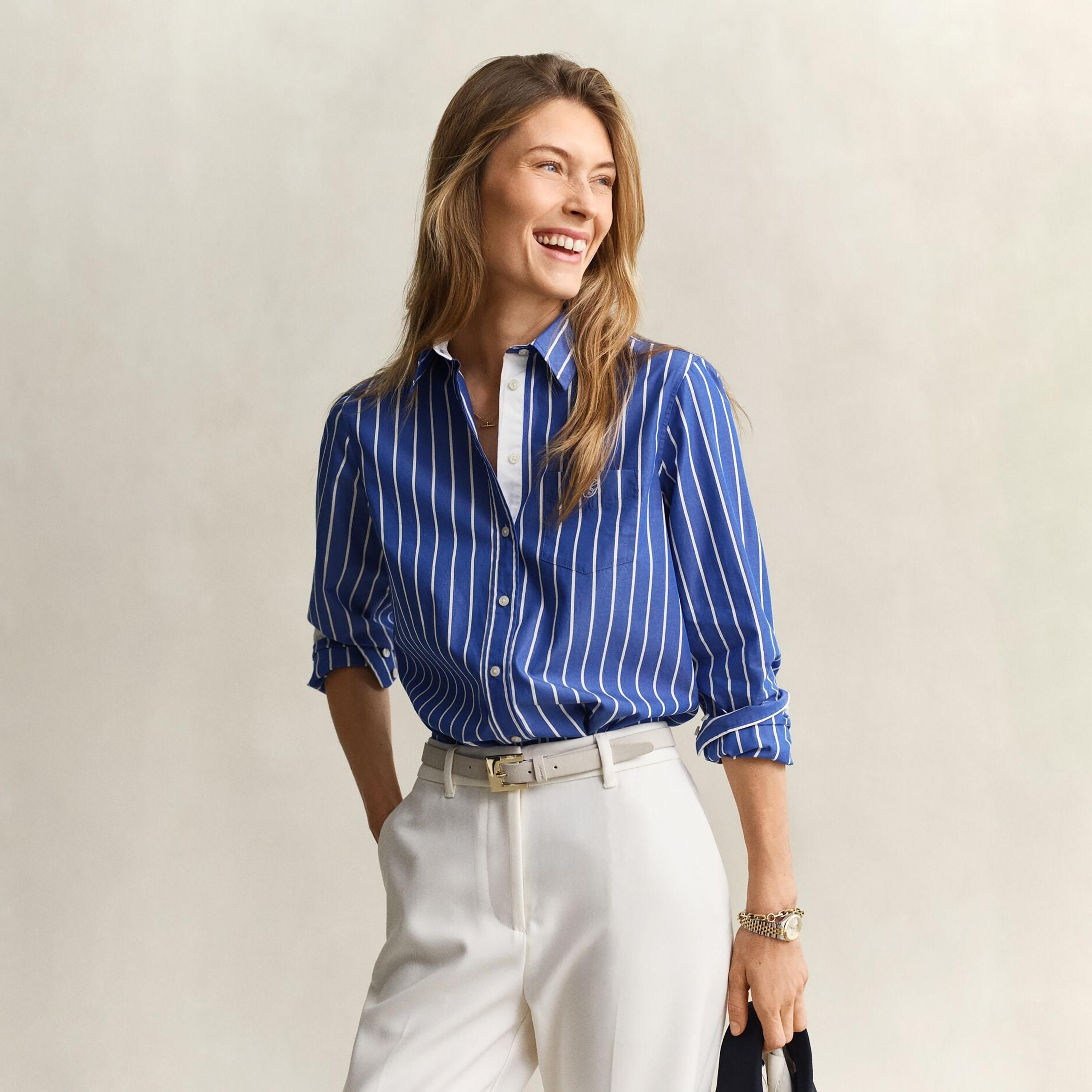 قميص نسائي بأكمام طويلة وقصة "ريجيولار فيت" مخطط وياقة "سبريد" من جانت-women-clothing-shirtsandblouses-shirts-image-1