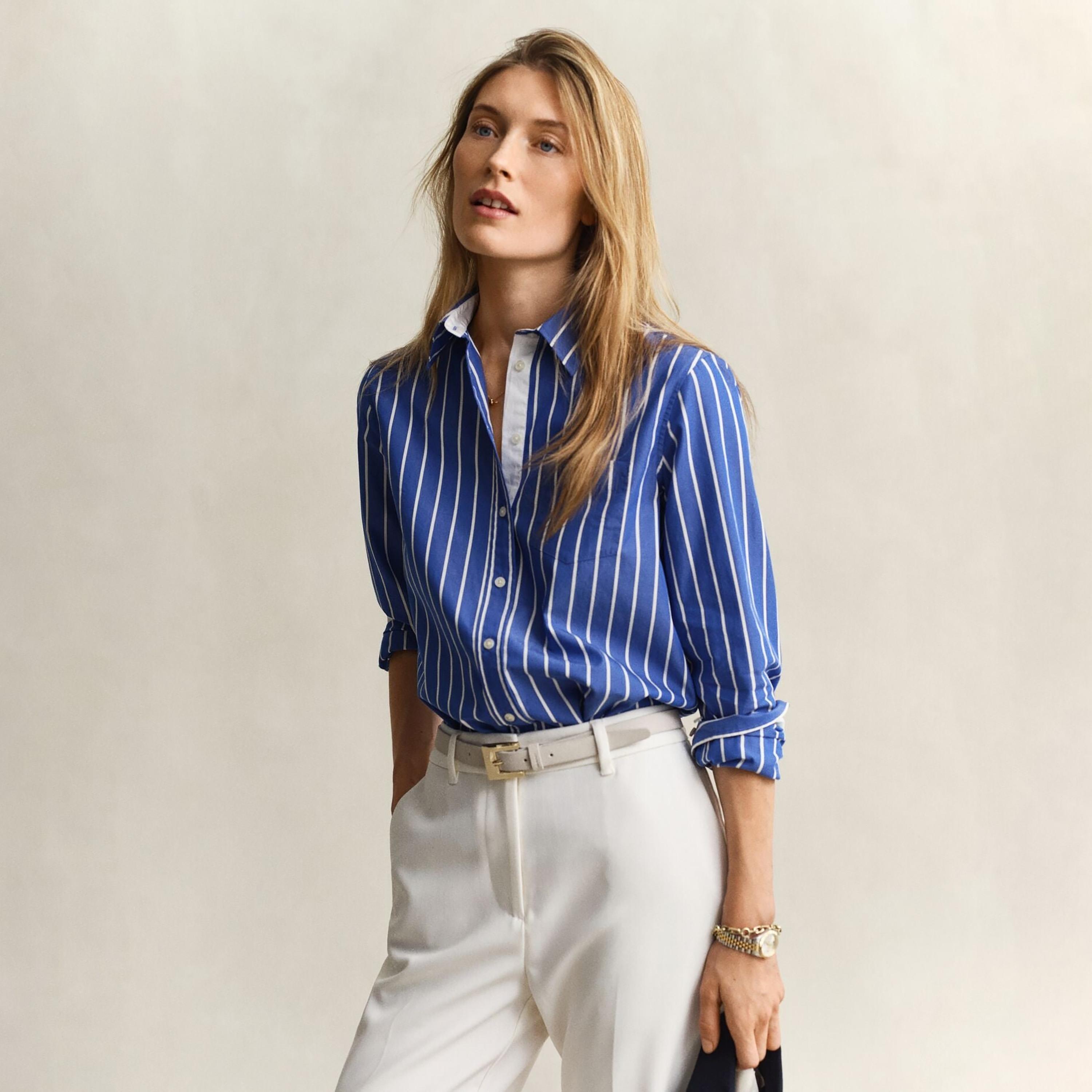 قميص نسائي بأكمام طويلة وقصة "ريجيولار فيت" مخطط وياقة "سبريد" من جانت-women-clothing-shirtsandblouses-shirts-image-2