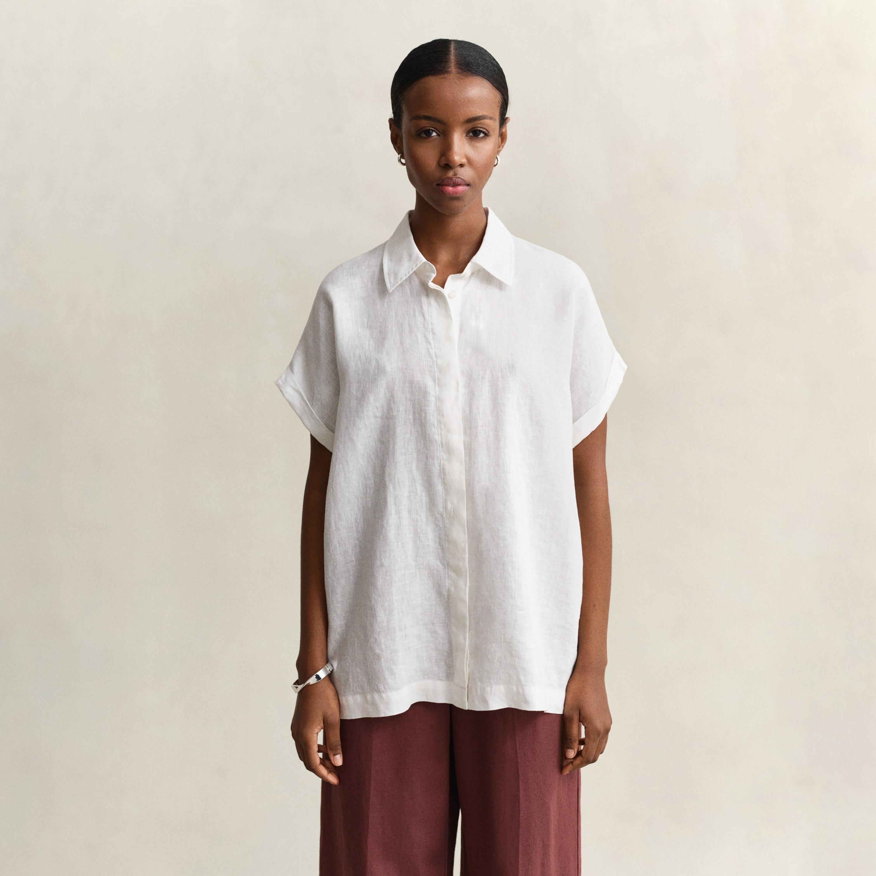 Gant Relaxed Fit Plain Spread Collar Dolman Short Sleeves Women's Linen Shirt-women-clothing-shirtsandblouses-shirts-image-1