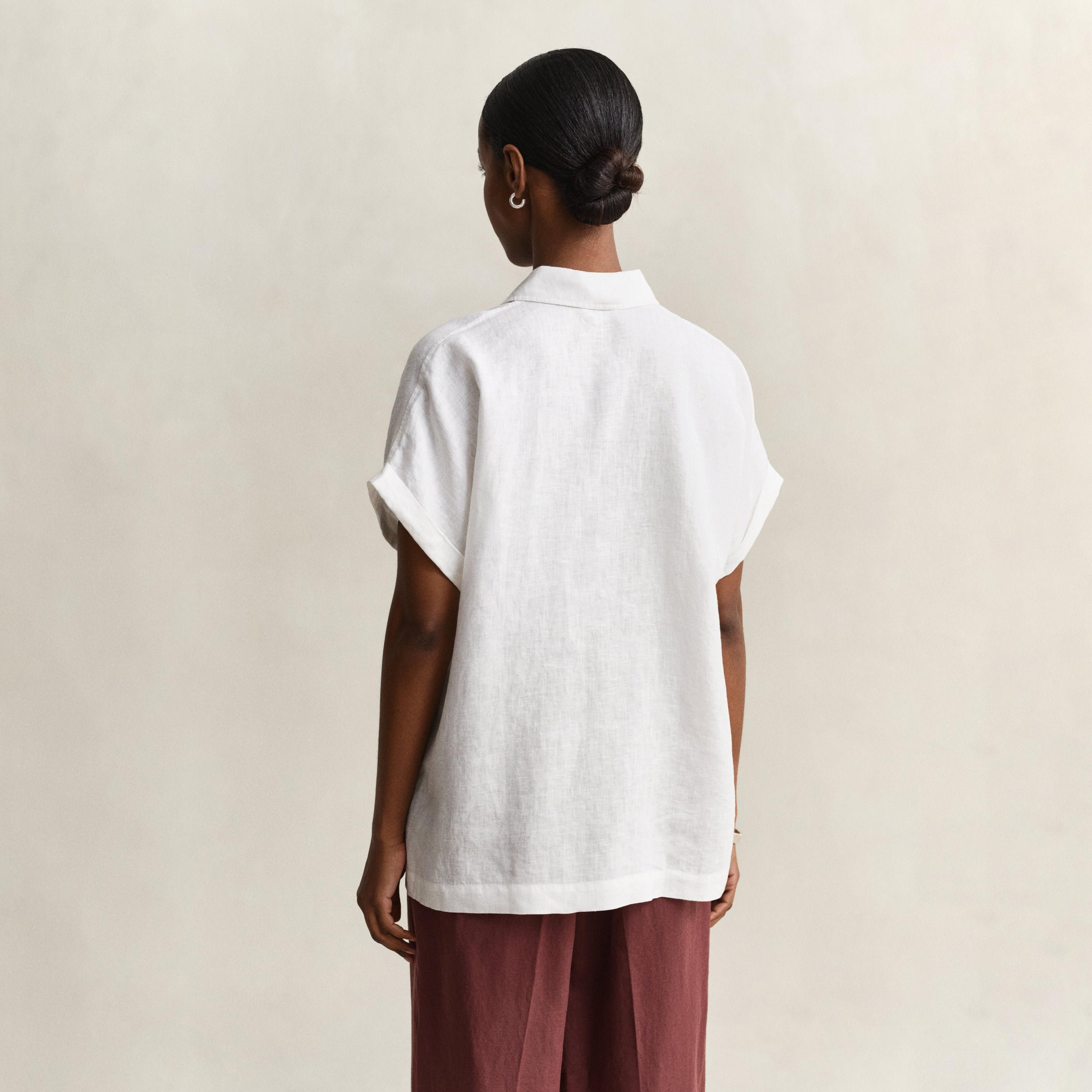 Gant Relaxed Fit Plain Spread Collar Dolman Short Sleeves Women's Linen Shirt-women-clothing-shirtsandblouses-shirts-image-4