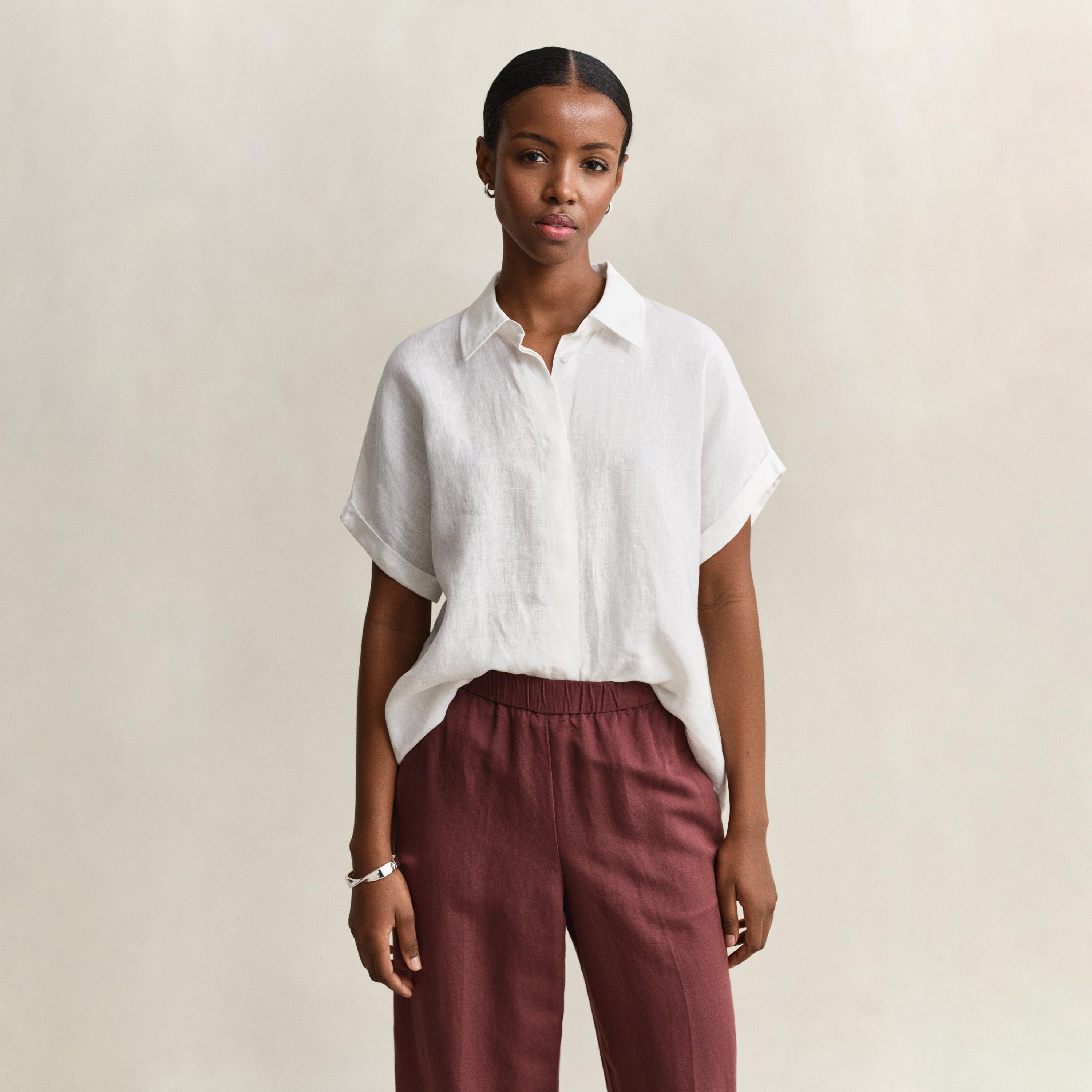 Gant Relaxed Fit Plain Spread Collar Dolman Short Sleeves Women's Linen Shirt-women-clothing-shirtsandblouses-shirts-image-5