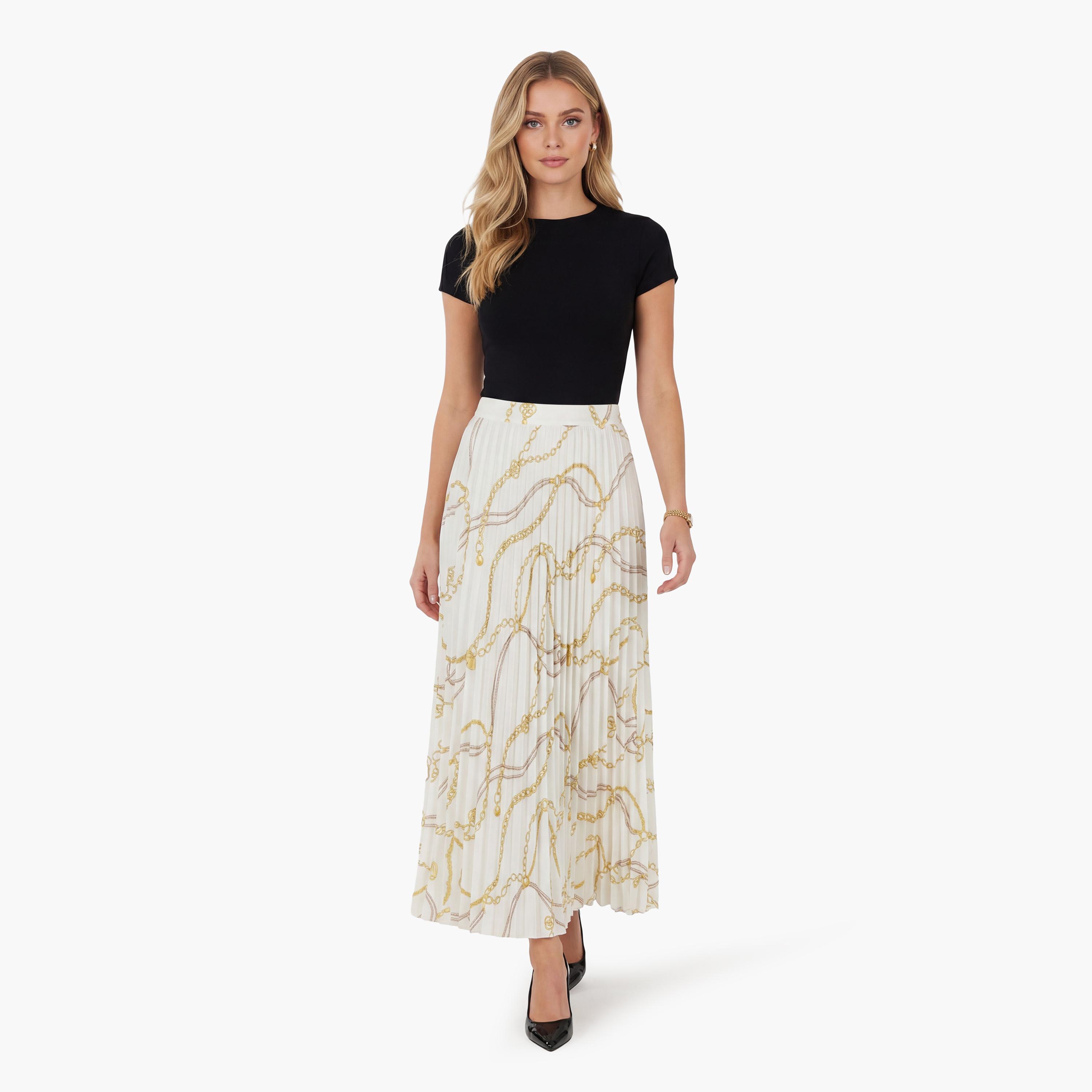 تنورة "ميدي" نسائية "بنسل" بكسرات وطبعة - أبيض من جانت-women-clothing-bottoms-skirts-image-2