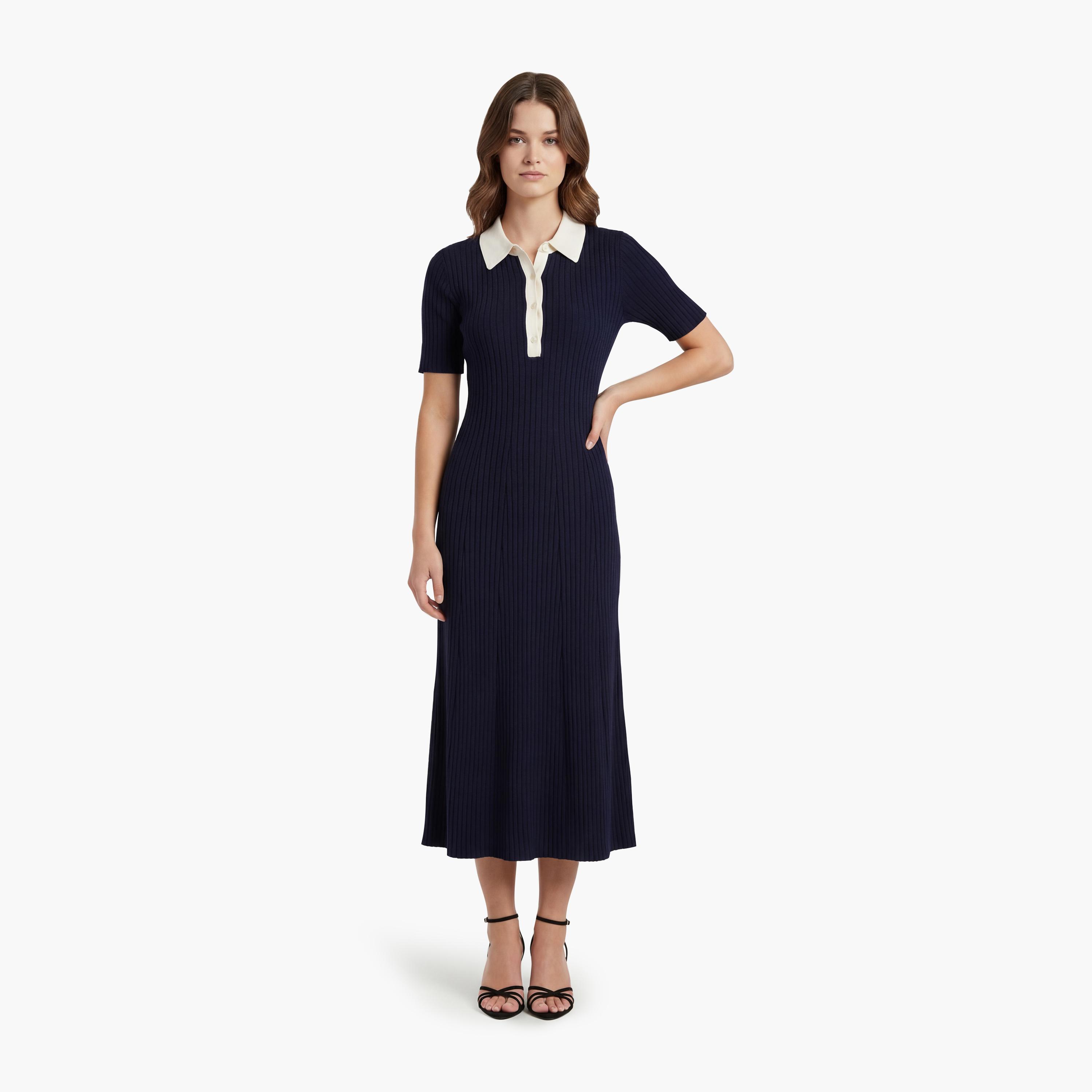 Gant Blue Ribbed Cotton Collared Women's Midi T-Shirt Dress-women-clothing-dresses-image-1