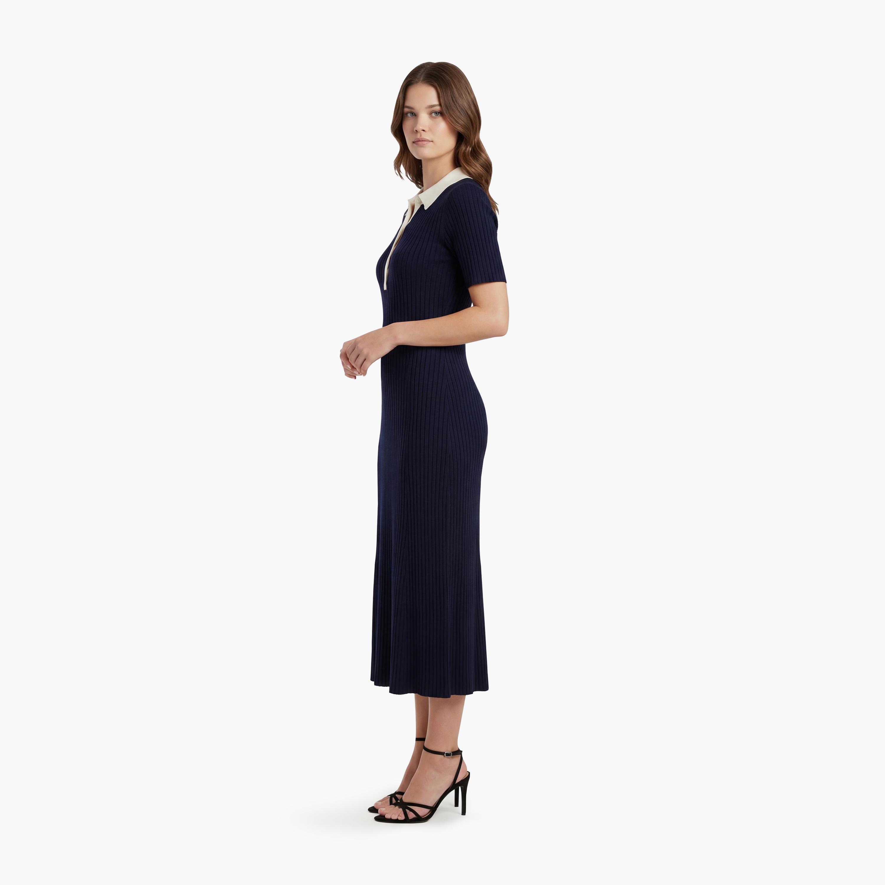 Gant Blue Ribbed Cotton Collared Women's Midi T-Shirt Dress-women-clothing-dresses-image-2
