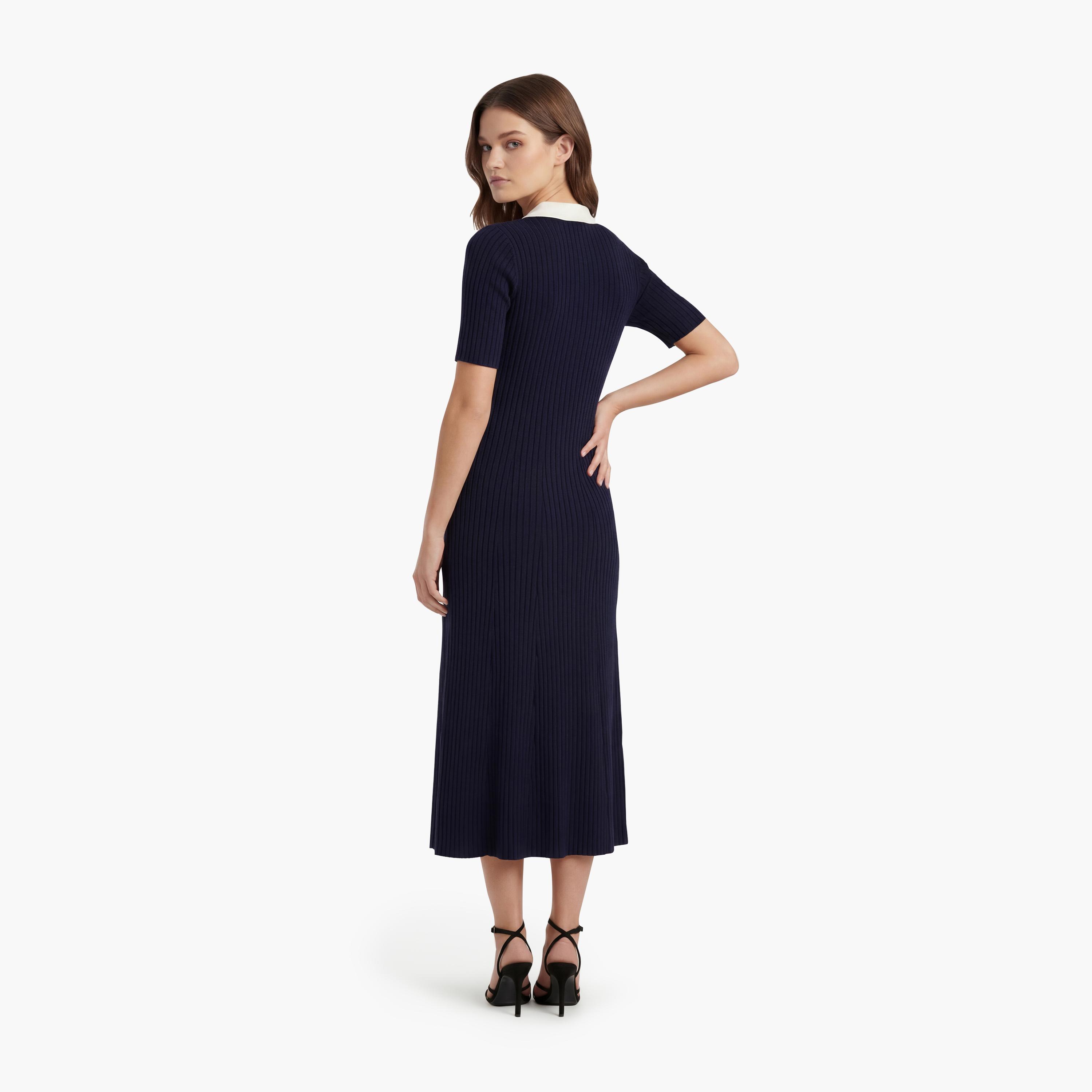 Gant Blue Ribbed Cotton Collared Women's Midi T-Shirt Dress-women-clothing-dresses-image-3